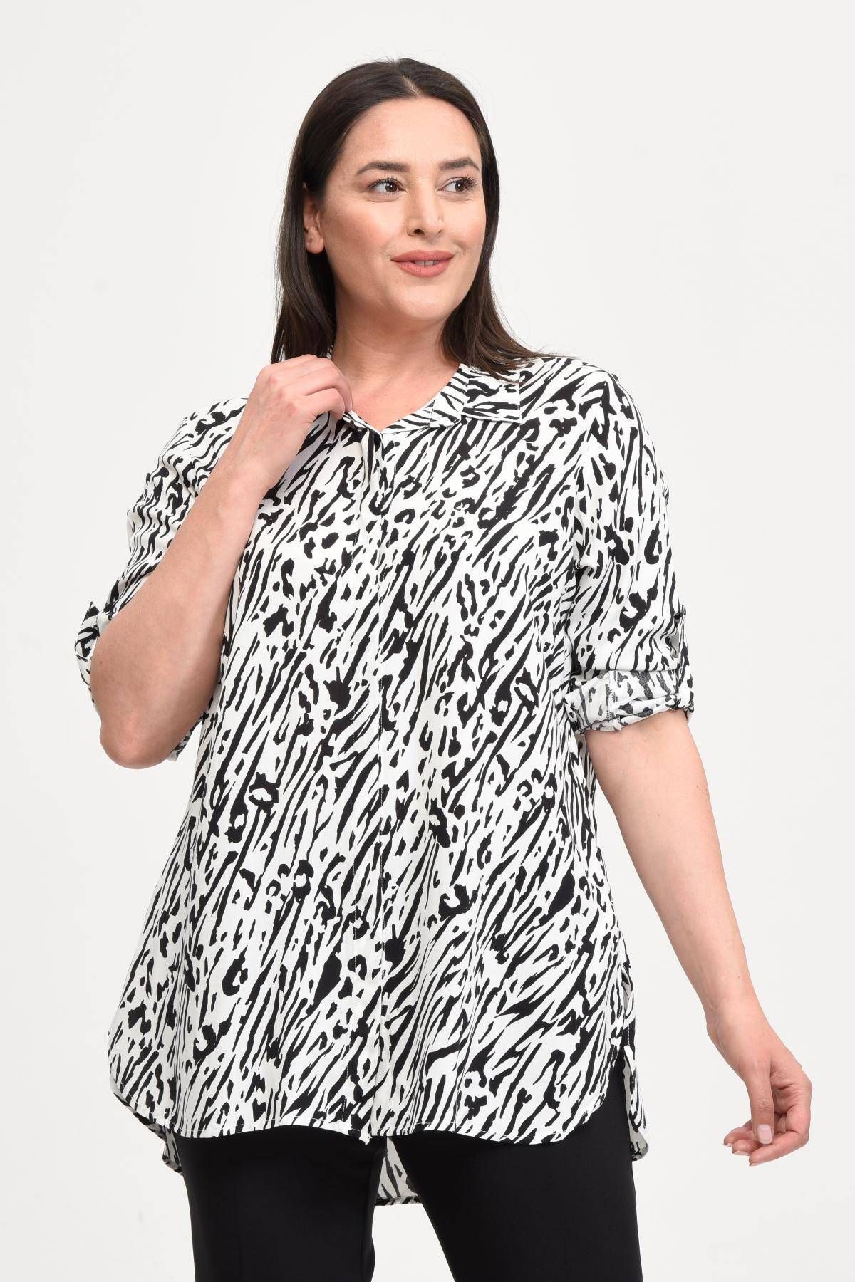 Hanezza Kadın Büyük Beden Siyah Beyaz Uzun Patlı Kol 42-52 Desenli Viskon Tunik Gömlek
