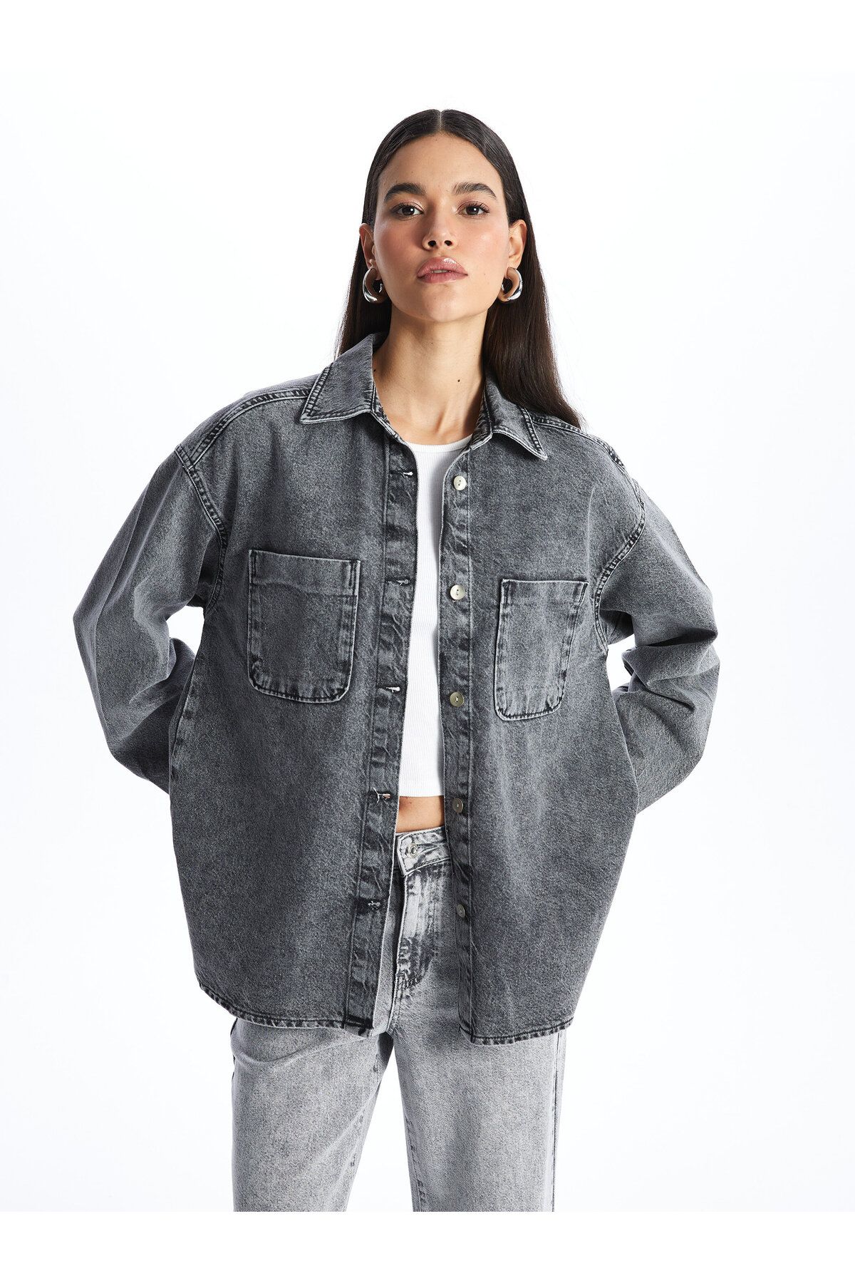 LC Waikiki Düz Uzun Kollu Oversize Kadın Jean Gömlek Ceket