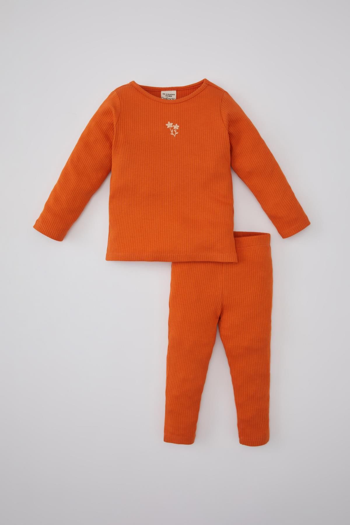 Defacto Kız Bebek Nakışlı Uzun Kollu Fitilli Kaşkorse Pijama Takımı