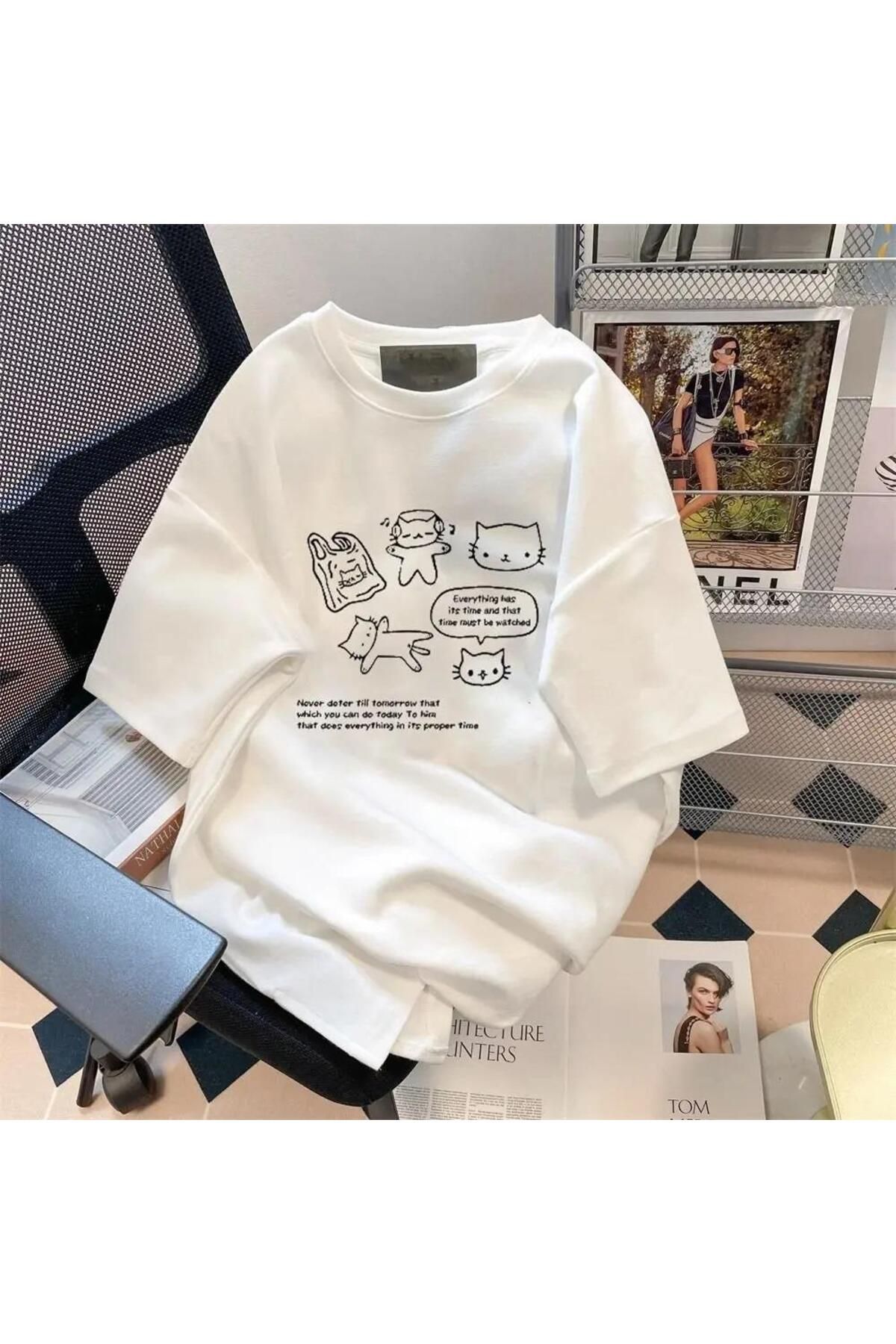 Touz Moda Retro Karikatür Kedi Baskılı Beyaz Unisex Oversize T-shirt