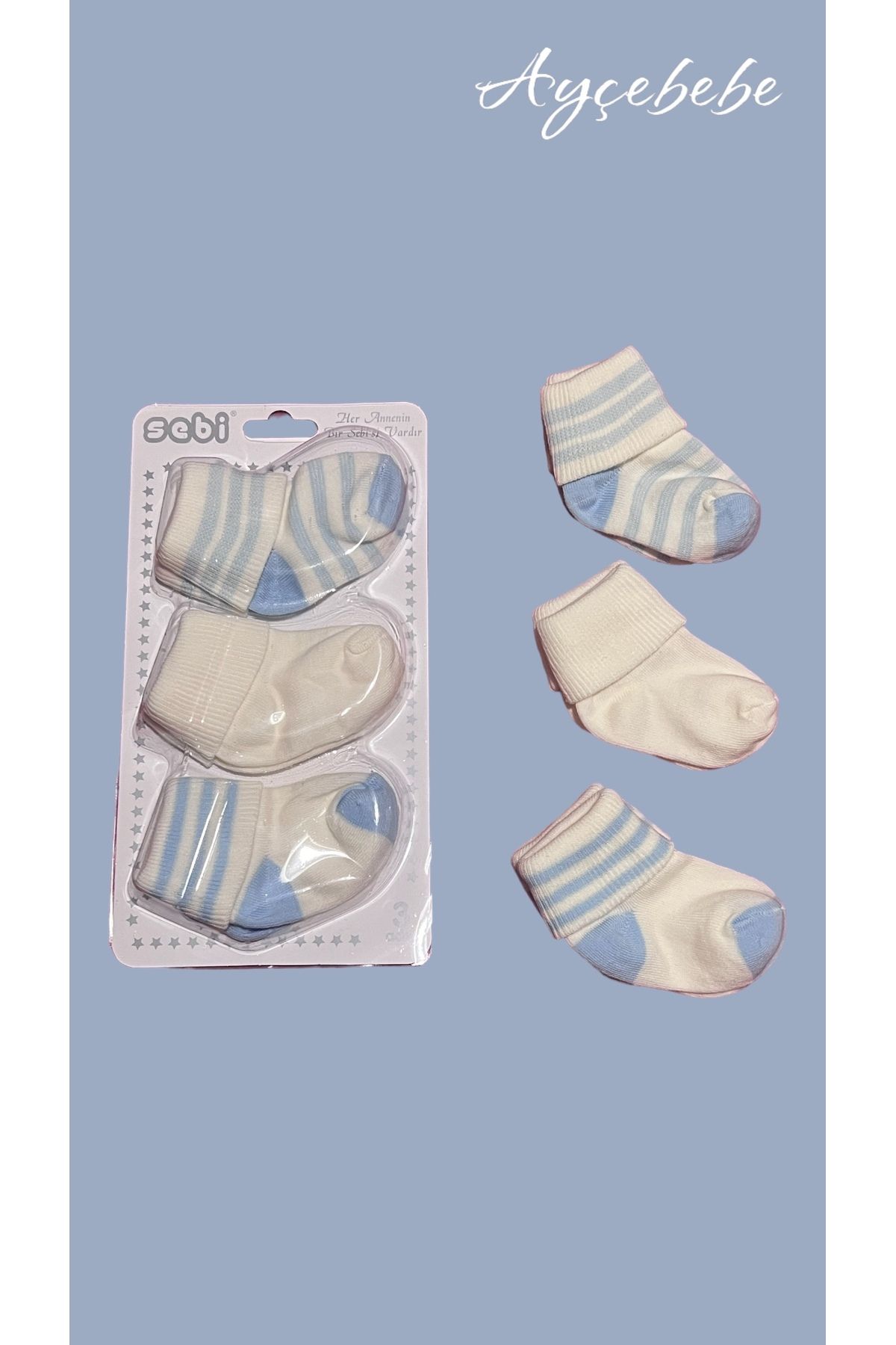 Sebi Bebe Bebek 3 Lü Çorap 0 -3 Ay Mavi- Beyaz