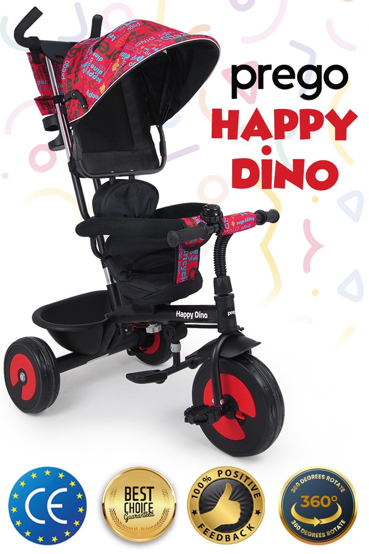 Prego Happy Dino Ebeveyn Kontrollü 360° Dönebilen Koltuklu Üç Teker Çocuk Bisikleti