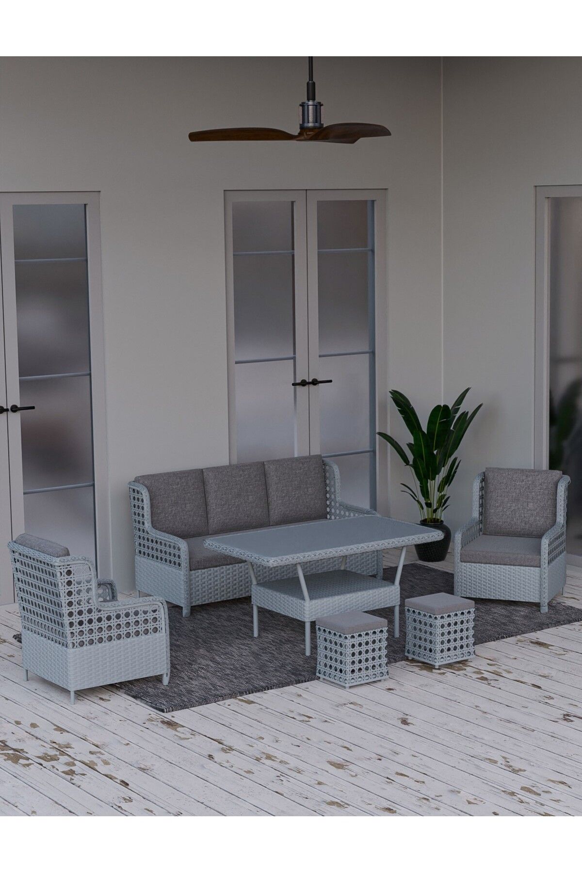 Çavdar Group Mercan 3+1+1 Puflu Raddan Oturma Grubu 7 Kişilik Bahçe Balkon Mobilyası El Örmesi Raddan Set