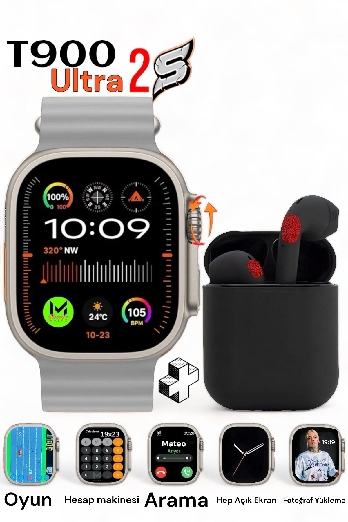 MATEO Akıllı Saat Watch 8 Ultra T900-2s Ios/android Destekli 2.3 inch Arama Özeliği + bluetooth kulaklık