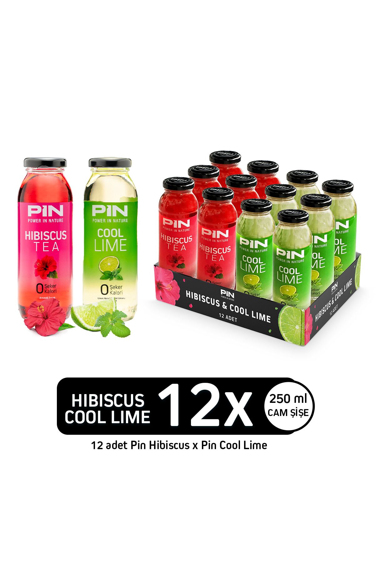 Pin Hibiskus Çayı & Cool Lime - Şekersiz & Kalorisiz 250 ml X 12 Adet