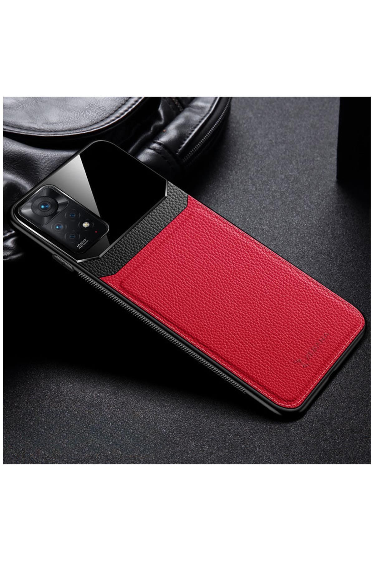Zebana Xiaomi Redmi Note 11 Pro Uyumlu Kılıf Lens Deri Kılıf Kırmızı