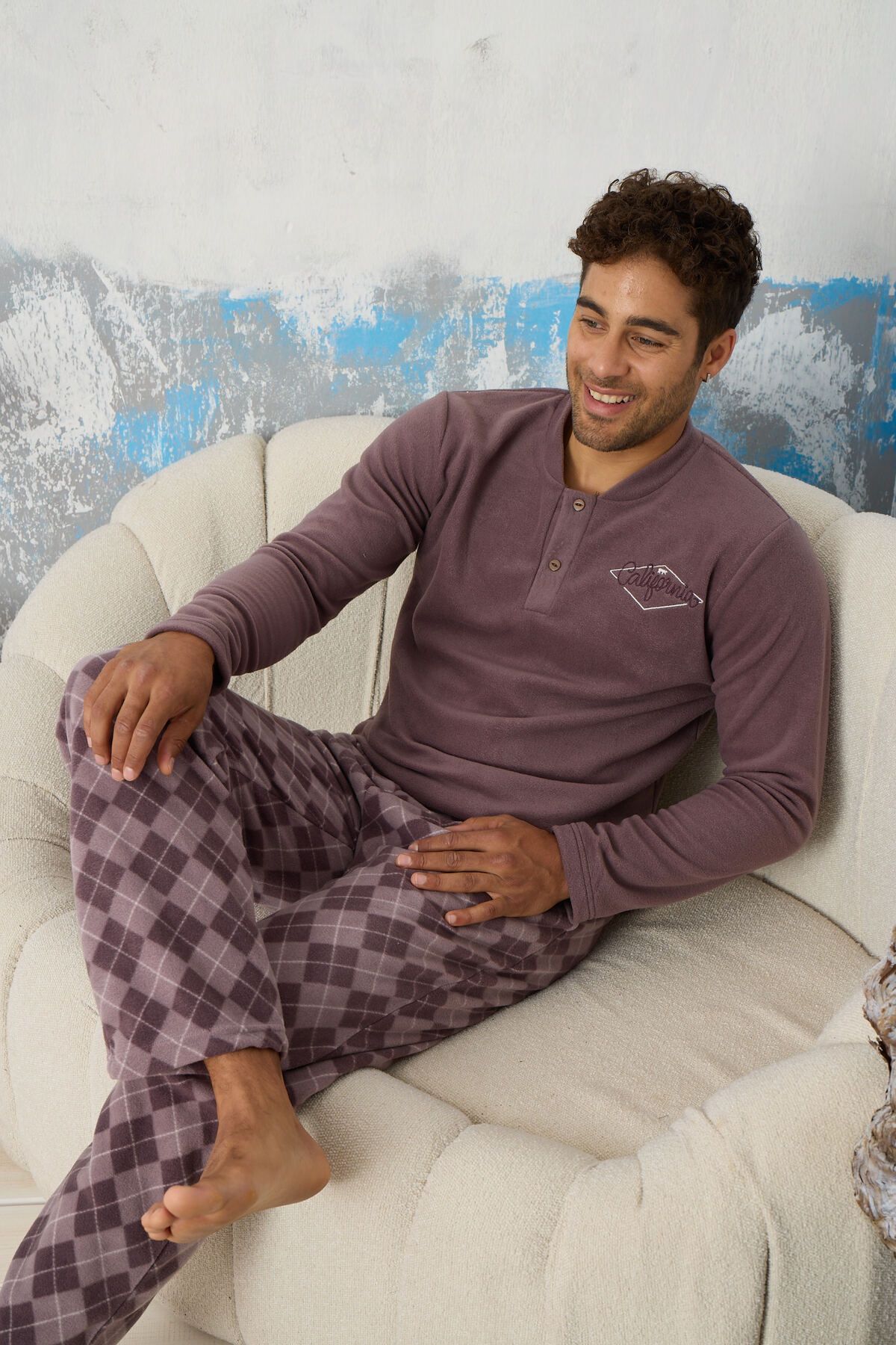 pijamacity Erkek Yaka Düğmeli Polar Pijama Takımı