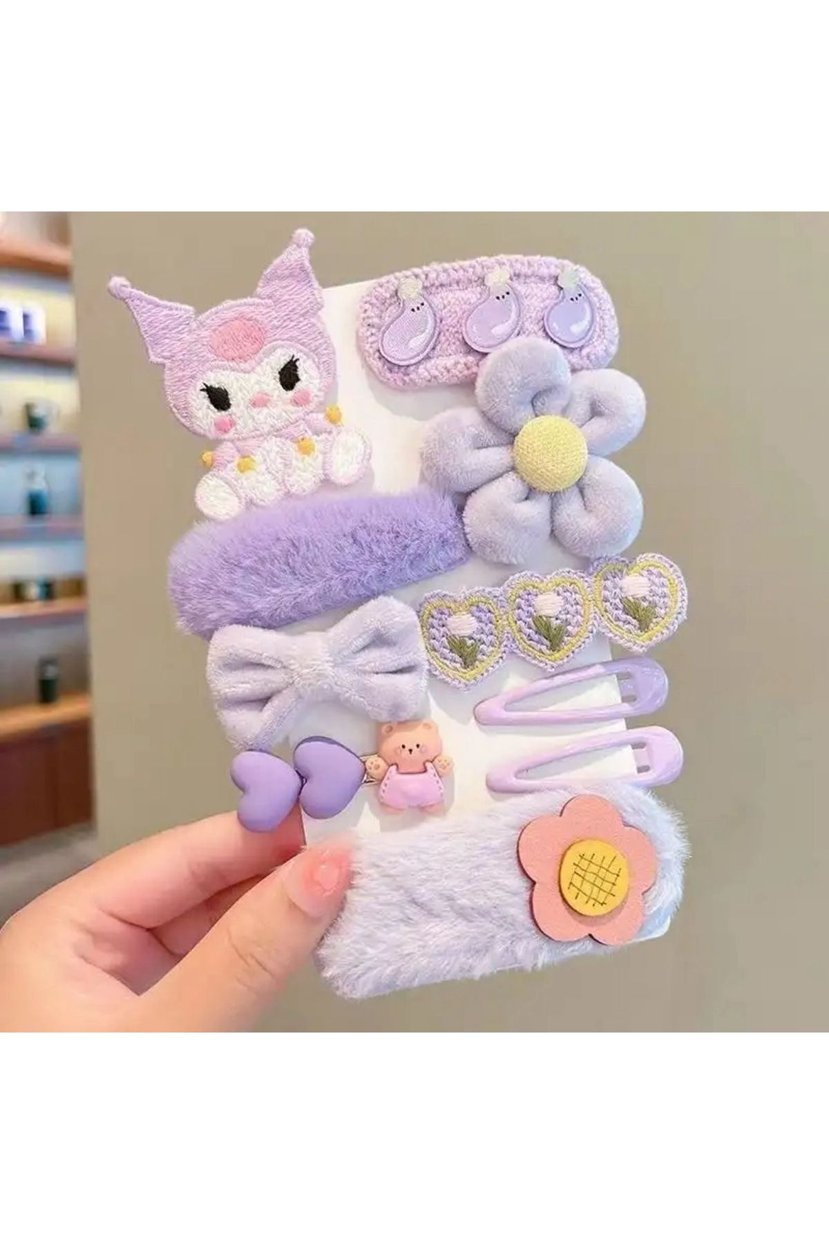 QUEEN AKSESUAR İthal lüks 10lu lila mor Hello kitty kuromi çiçek peluş pensli çıtçıtlı yan toka seti bebek çocuk