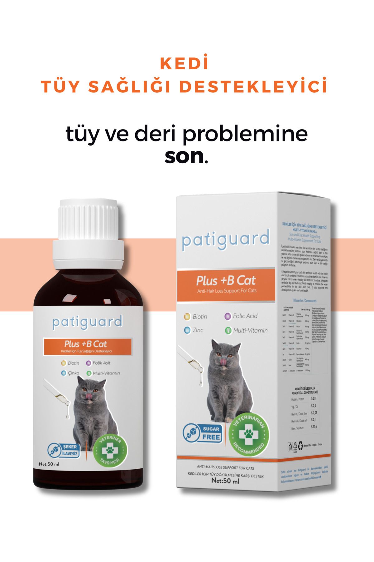 Patiguard Plus B For Cats Kediler İçin Tüy Dökülmesi Engelleyici Biyotin Tüy Sağlığı Damlası 50ml