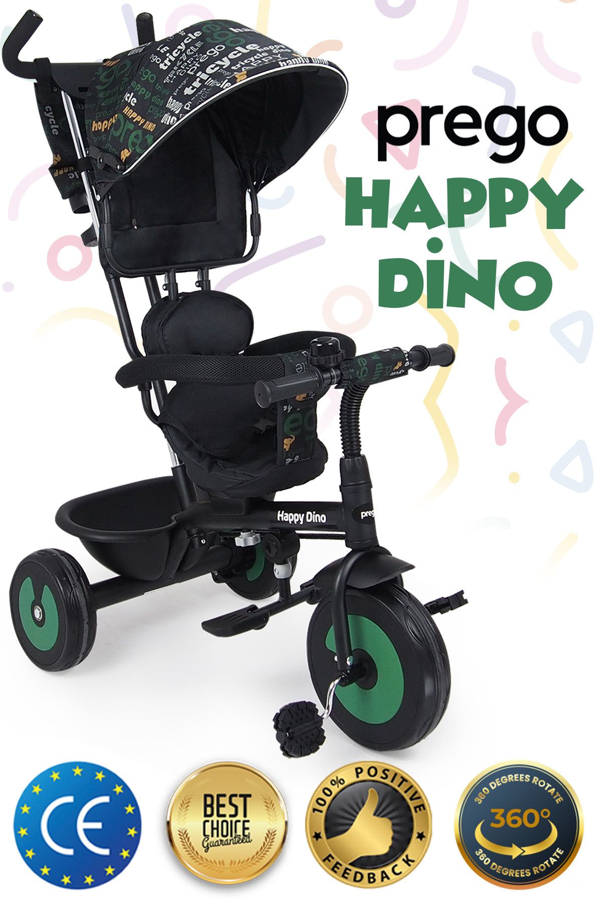 Prego Happy Dino Ebeveyn Kontrollü 360° Dönebilen Koltuklu Eva Teker Üç Teker Bisiklet