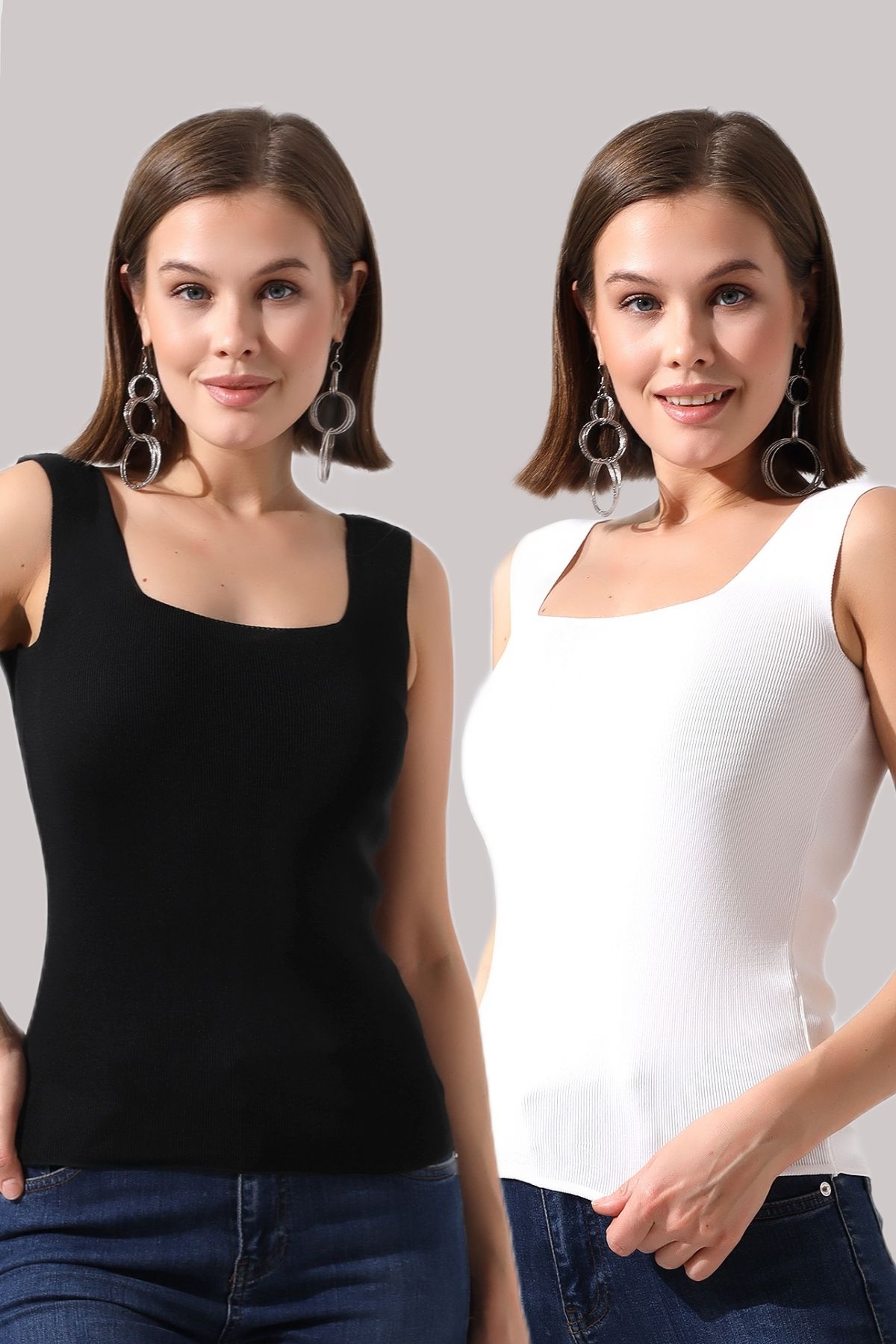 DWOZ Kadın Siyah Beyaz Kare Yaka Kalın Askılı Likralı 2'li Paket Triko Bluz Crop