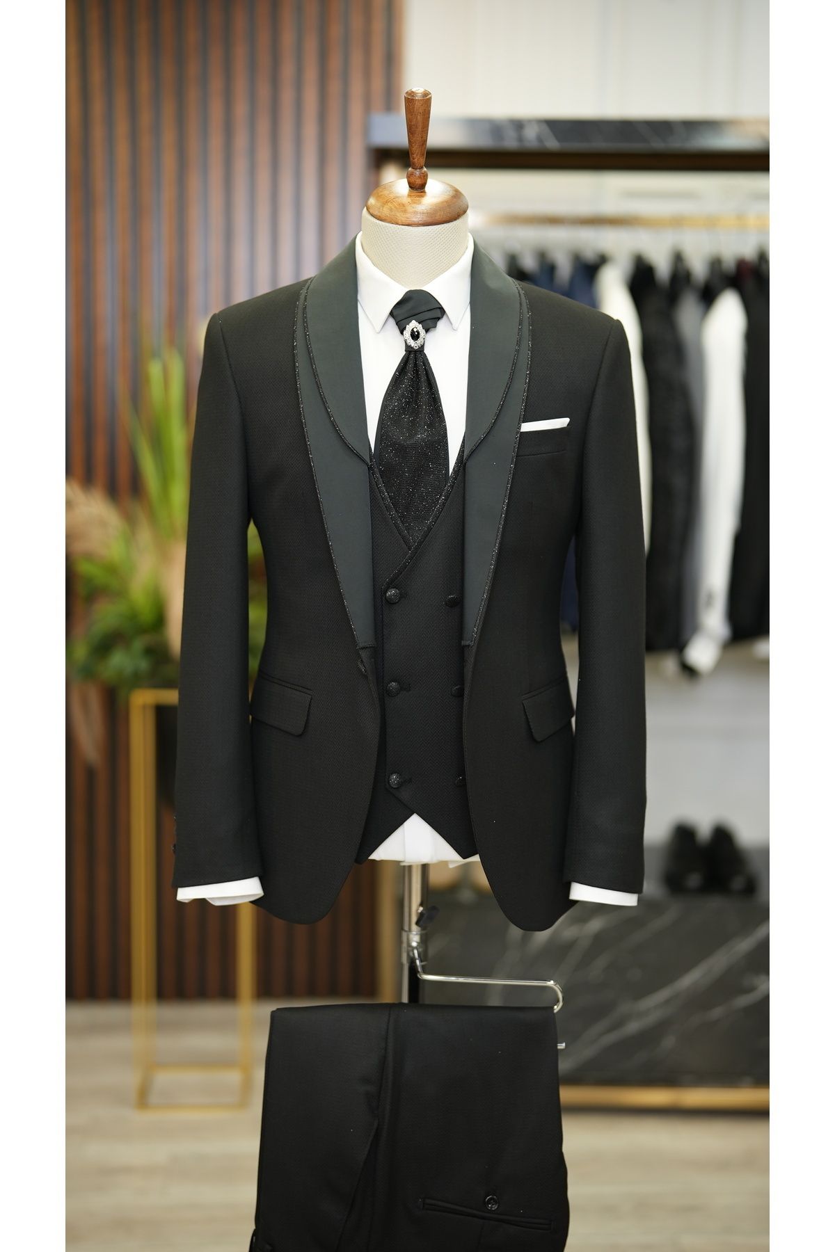 LONATOLİA Erkek Smokin Damatlık Simli Şal Yaka İtalyan Stil Slim Fit Ceket Yelek Pantolon Kravat Papyon-Siyah