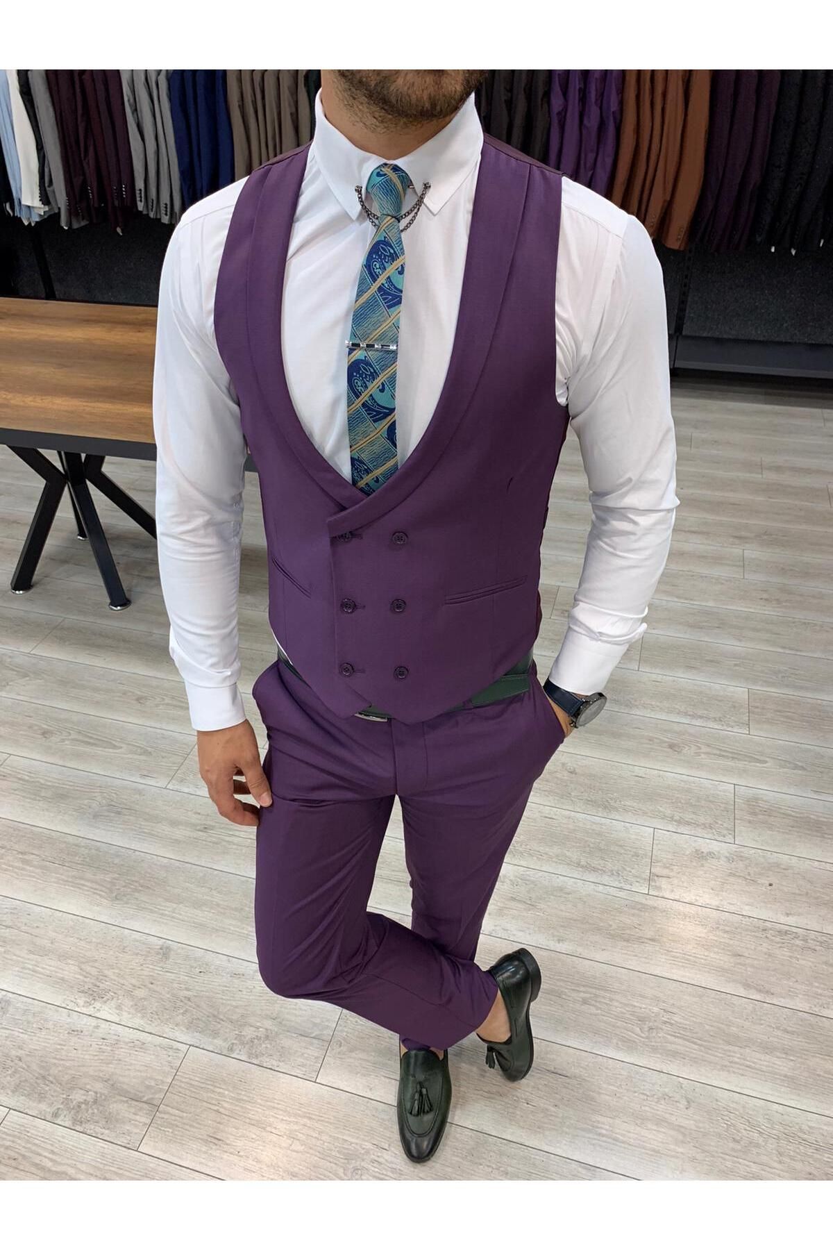 LONATOLİA Erkek Takım Elbise Kırlangıç Yaka İtalyan Stil Slim Fit Ceket Yelek Pantolon