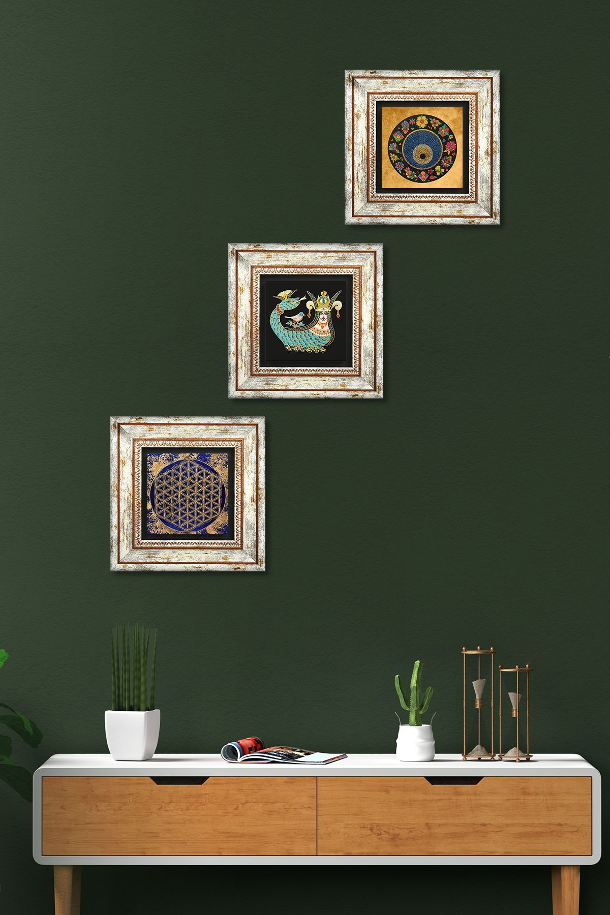 Pinecone Yaşam Çiçeği, Nazar Boncuğu, Şahmeran Taş Duvar Tablosu Çerçeveli Duvar Dekoru 3 Parça Set Wall Art