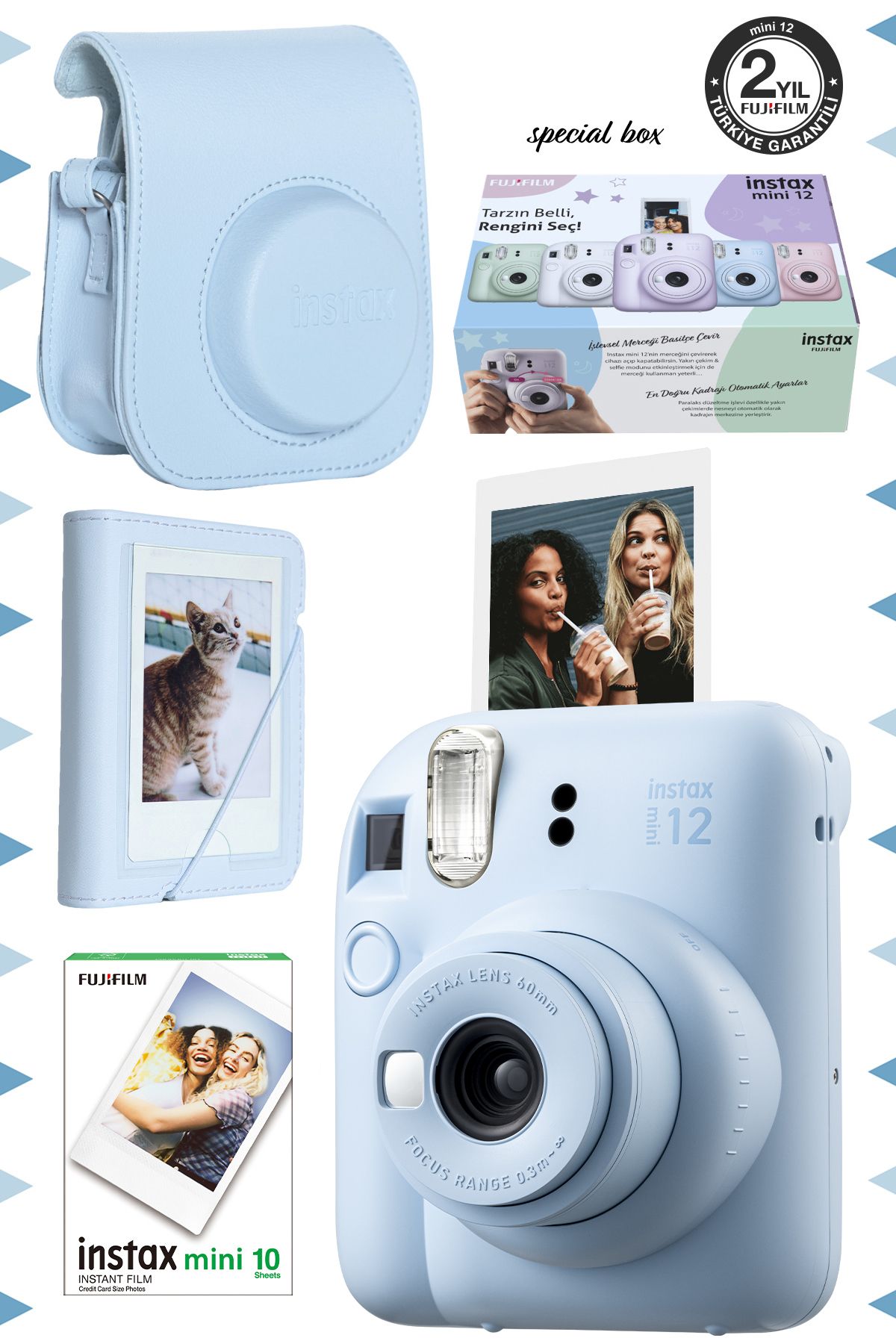 Fujifilm Instax mini 12 Mavi Fotoğraf Makinesi-10'lu Film-Mini Albüm ve Deri Kılıf Seti