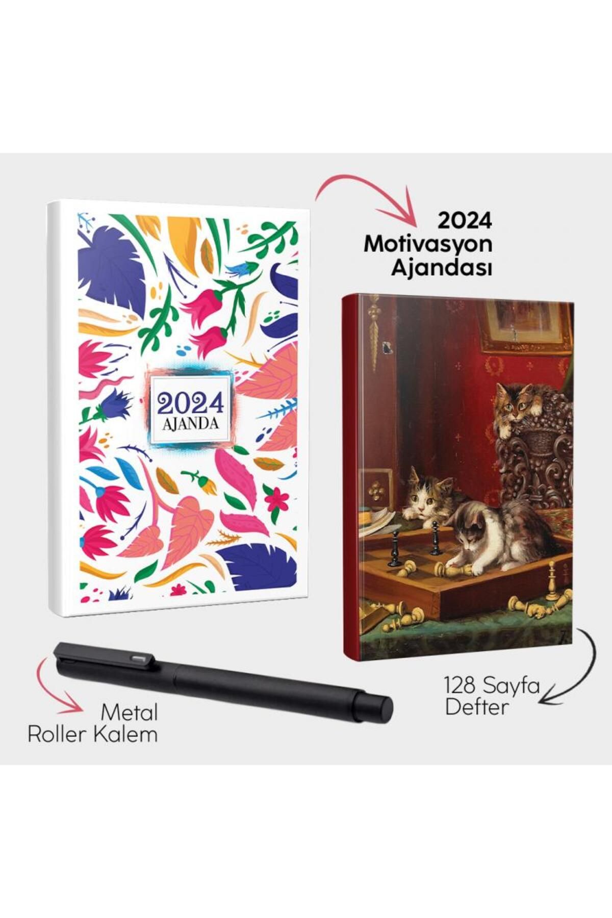 Halk Kitabevi Renkli Sonbahar 2024 Motivasyon Ajandası - Oyunbozan Kediler Defter ve Metal Roller Kalem