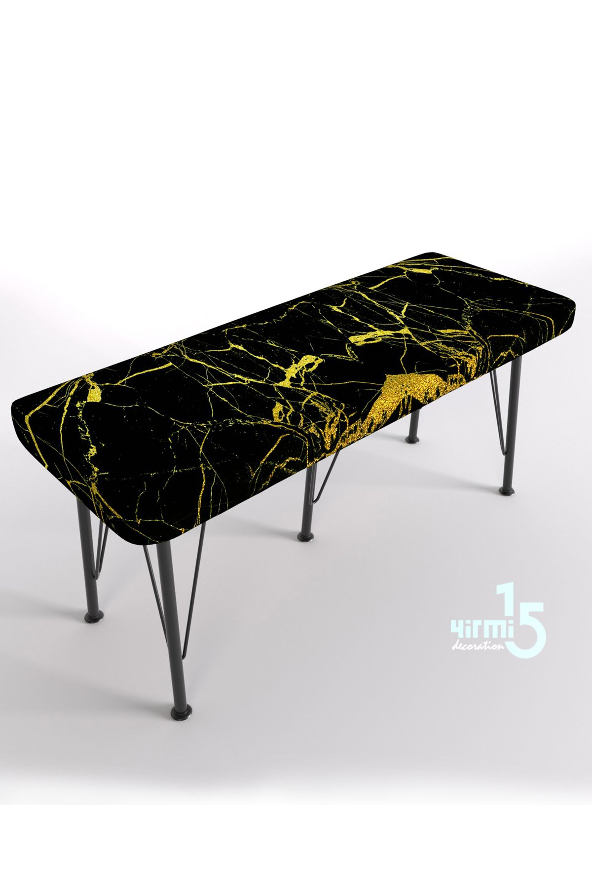 Yirmi15 Metal Ayaklı Babyface Puf & Bench - Black and Gold Baskılı Bench Siyah Mermer desen bench