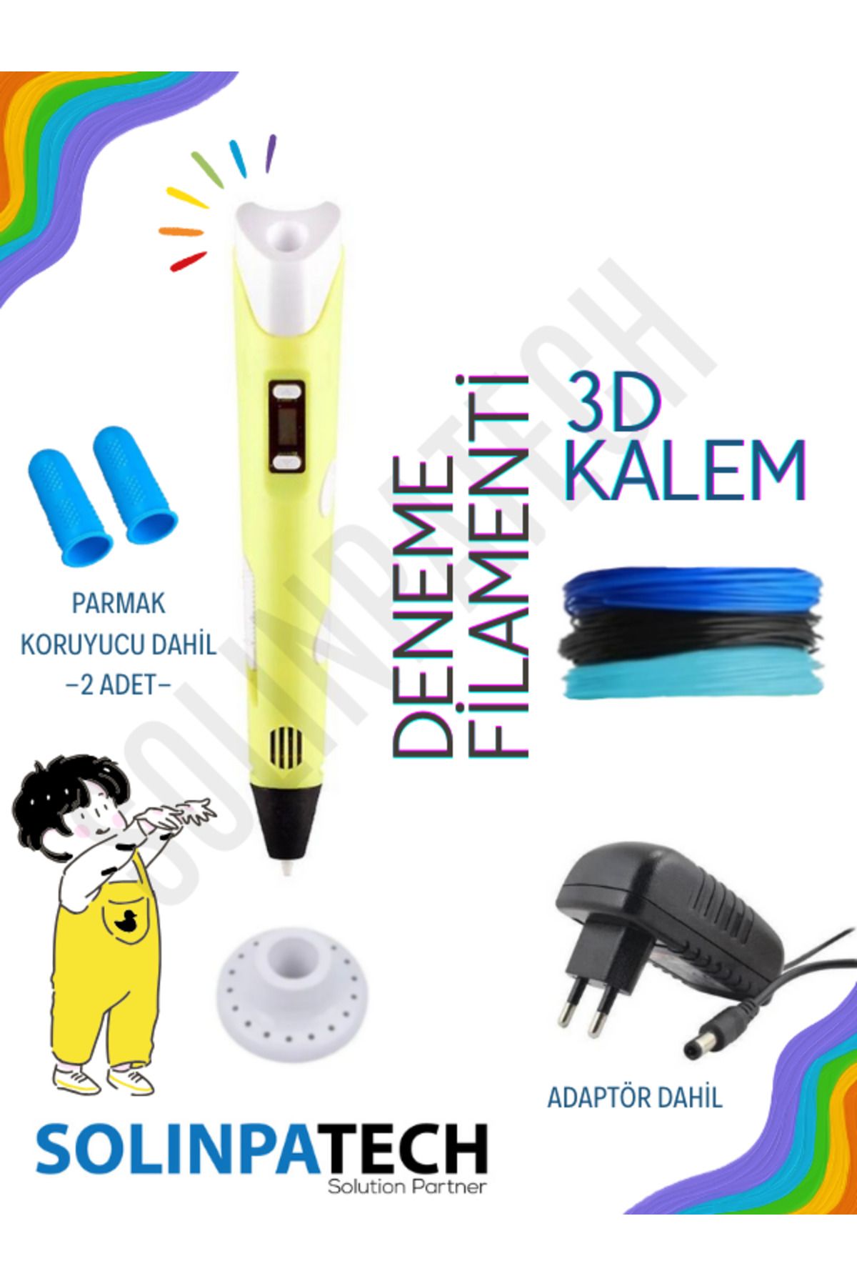 SolinpaTech 3D Pen Üç Boyutlu Yazıcı Kalem Printer-Sarı (3 ADET 3METRE FİLAMENT -9METRE- VE ADAPTÖR DAHİL)