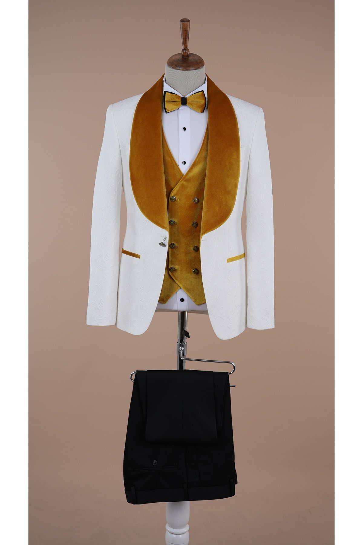 LONATOLİA Premium Erkek Slim Fit Jakar Desenli Şal Yaka Beyaz Damatlık Smokin Ceket Yelek pantolon Papyon