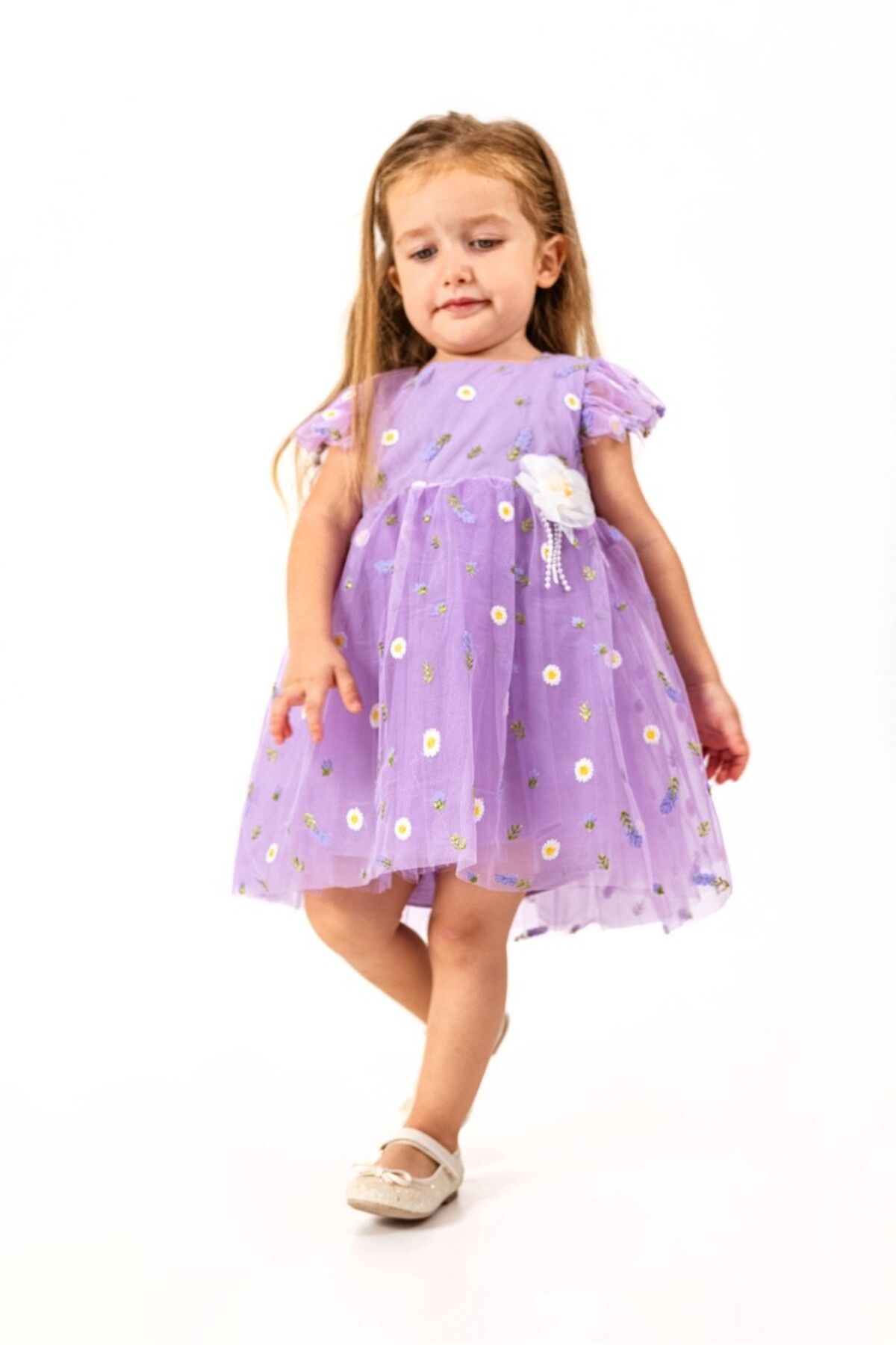 morwind Lila Kız Çocuk Çiçekli Tül Elbise Dogum Günü Elbisesi