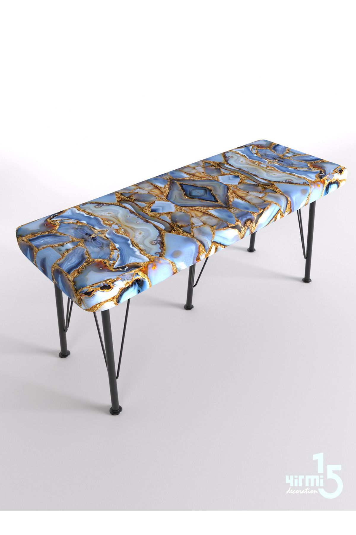 Yirmi15 Metal Ayaklı Babyface Puf & Bench - Gold Blue Baskılı Bench Mermer desen bench