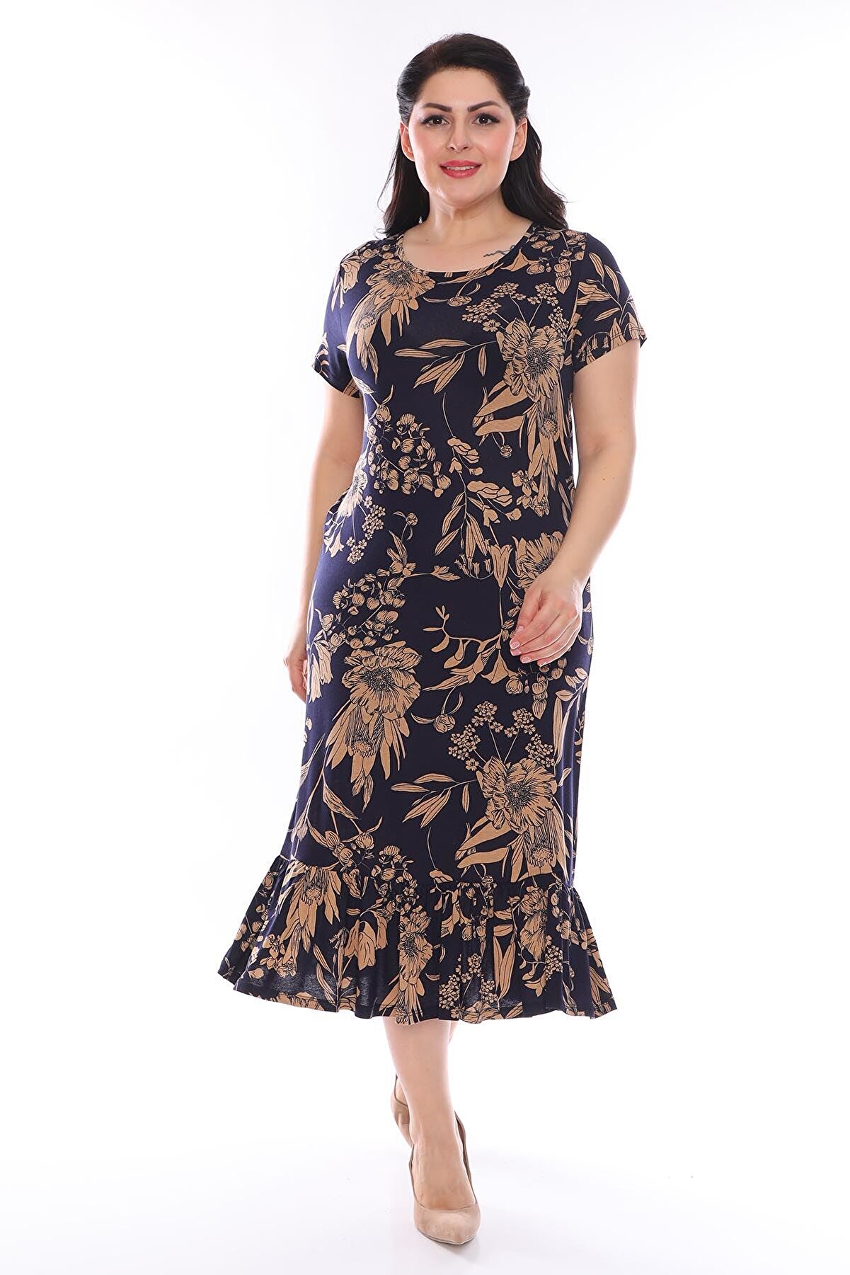 modayız Desenli Eteği Fırfırlı Büyük Beden Elbise 23c-0951