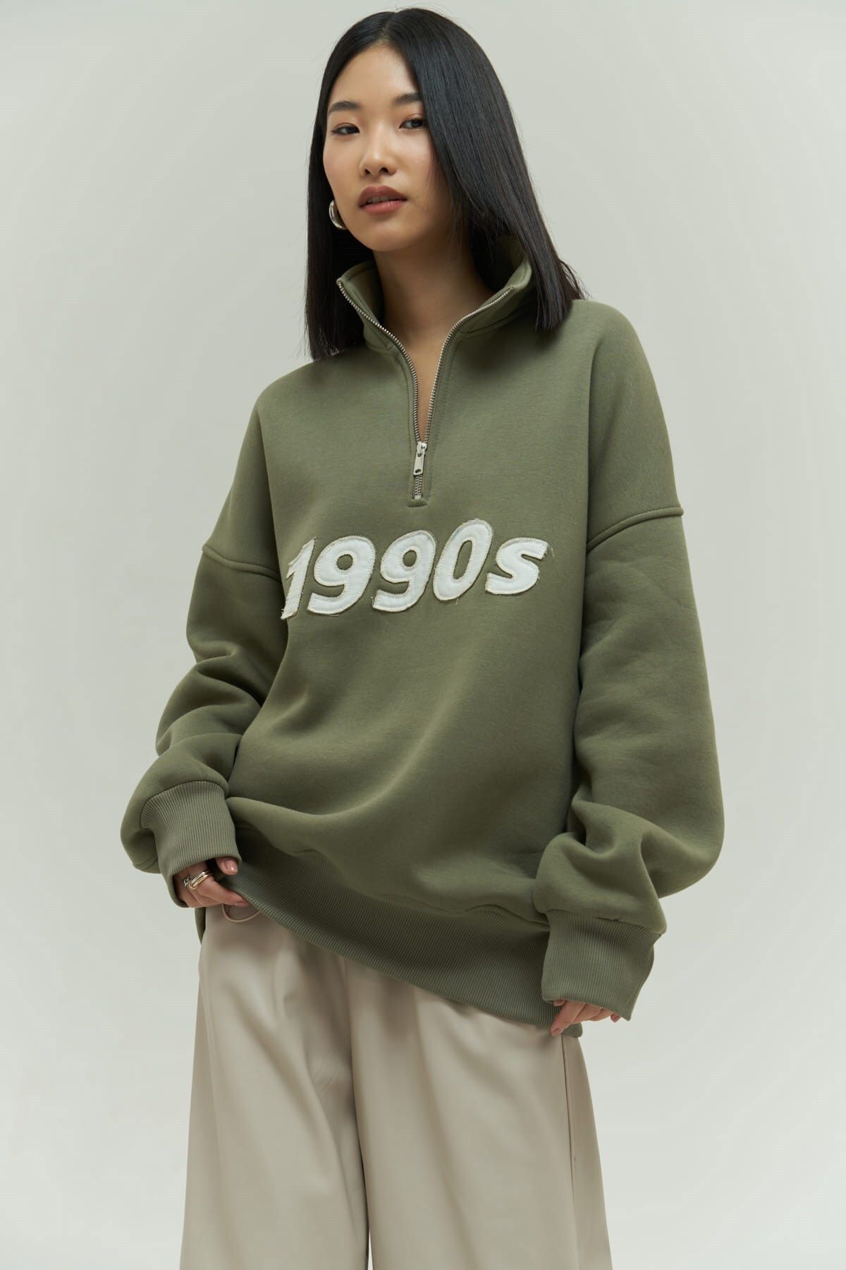 MAİ COLLECTİON Vintage 1990 Soft Haki Oversize Sweatshirt