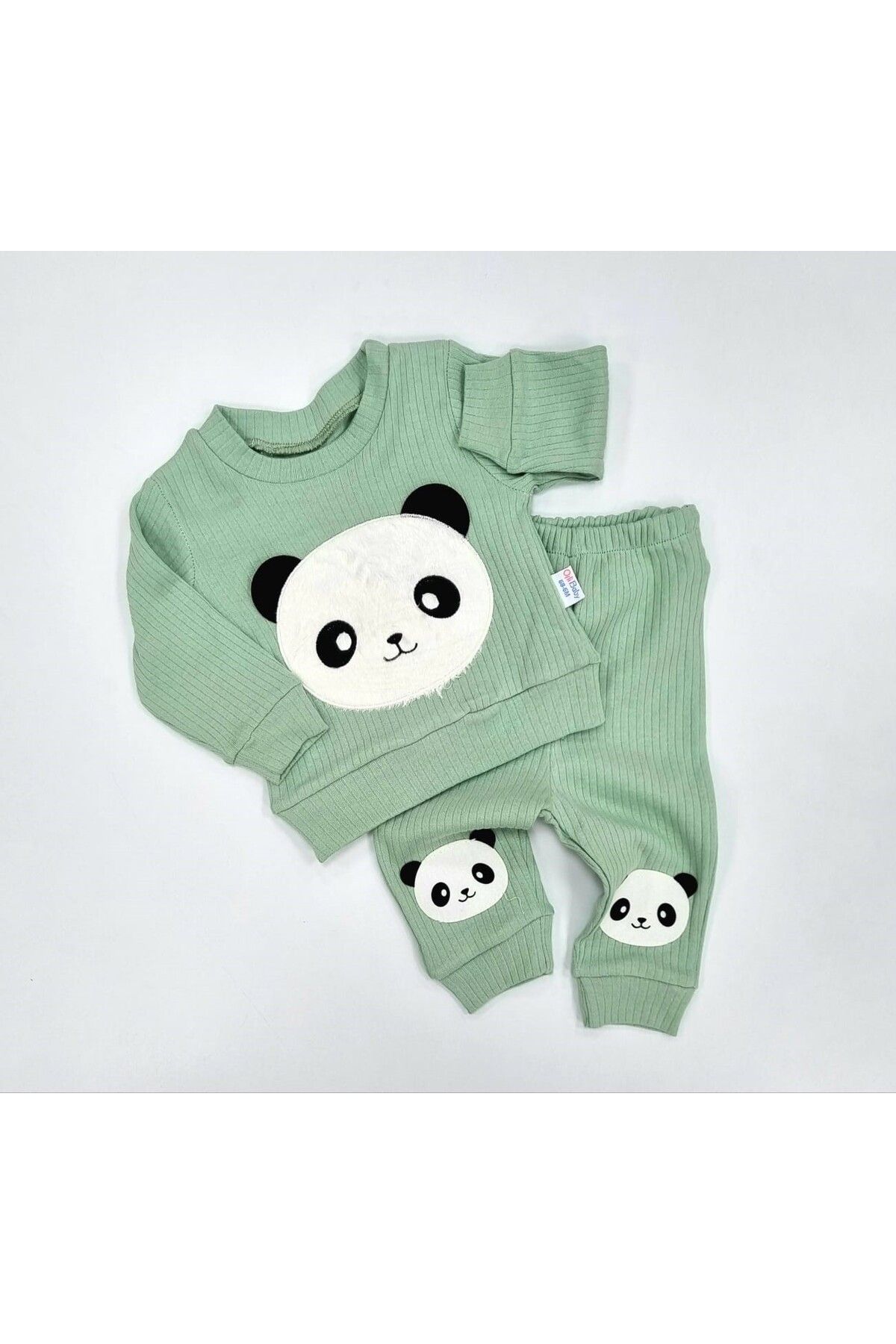 GELTUKENİYOR Pamuklu Panda Nakışlı Mevsimlik Bebek Alt Üst Takım Yeşil