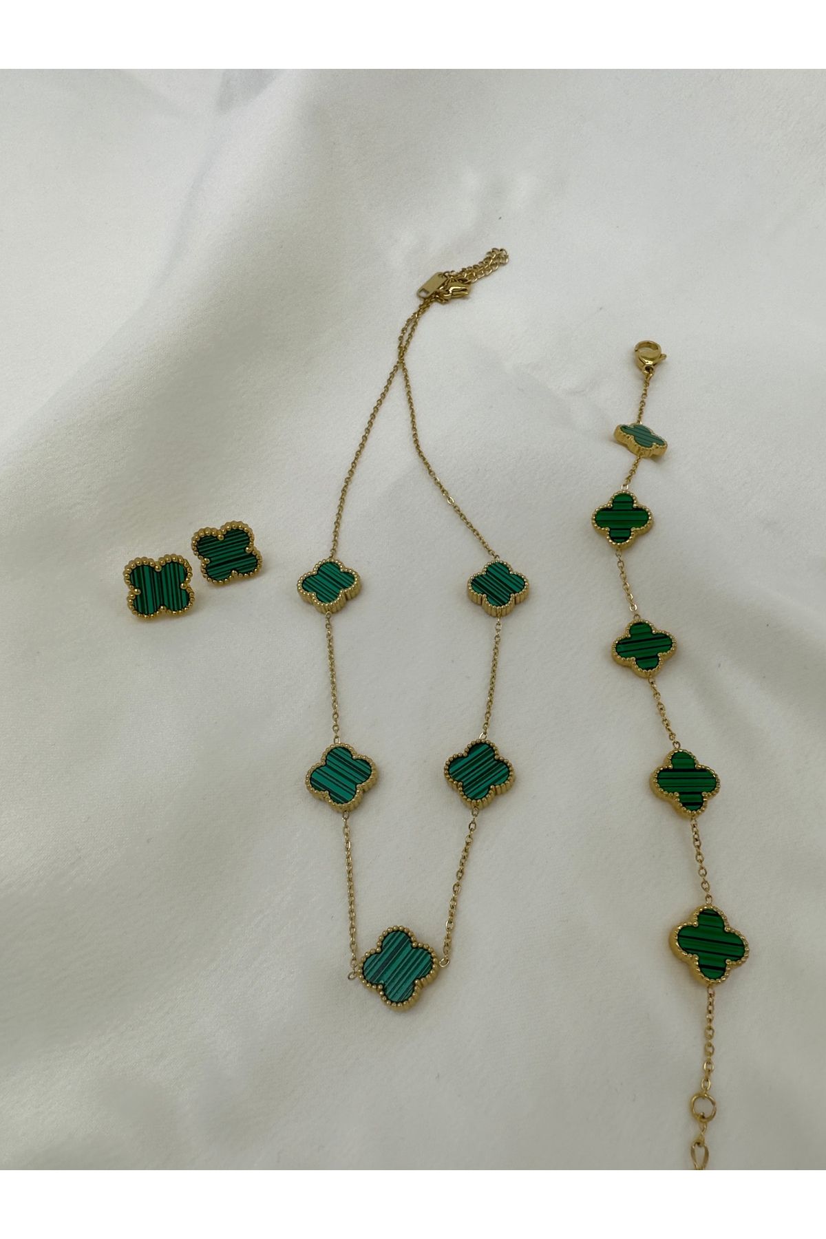 Inure Jewelry Glare Van Cleef Model Yeşil Yonca Mineli Çelik Kolye&bileklik&küpe 3'lü Set