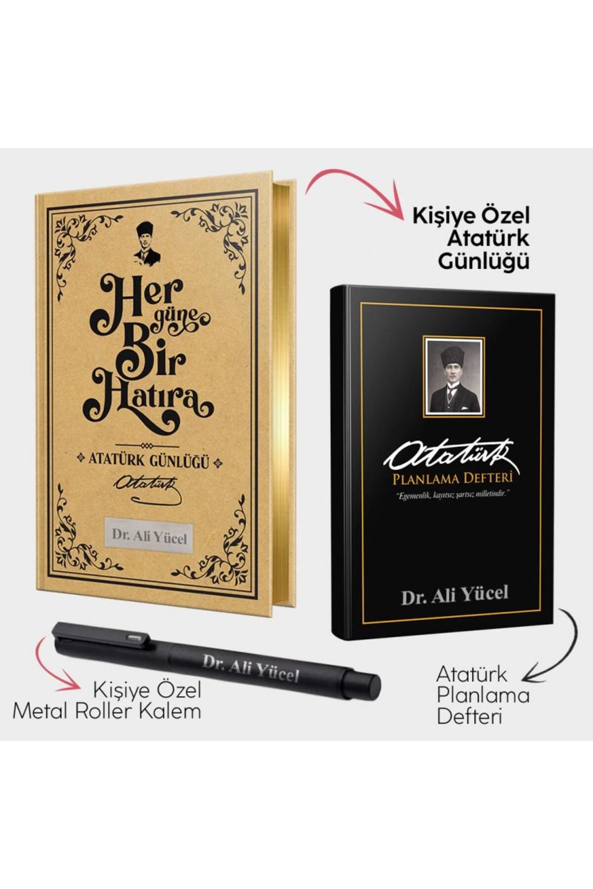 Halk Kitabevi Kişiye Özel - Atatürk Günlüğü - Kalpaklı Siyah Planlama Defteri ve Metal Roller Kalem