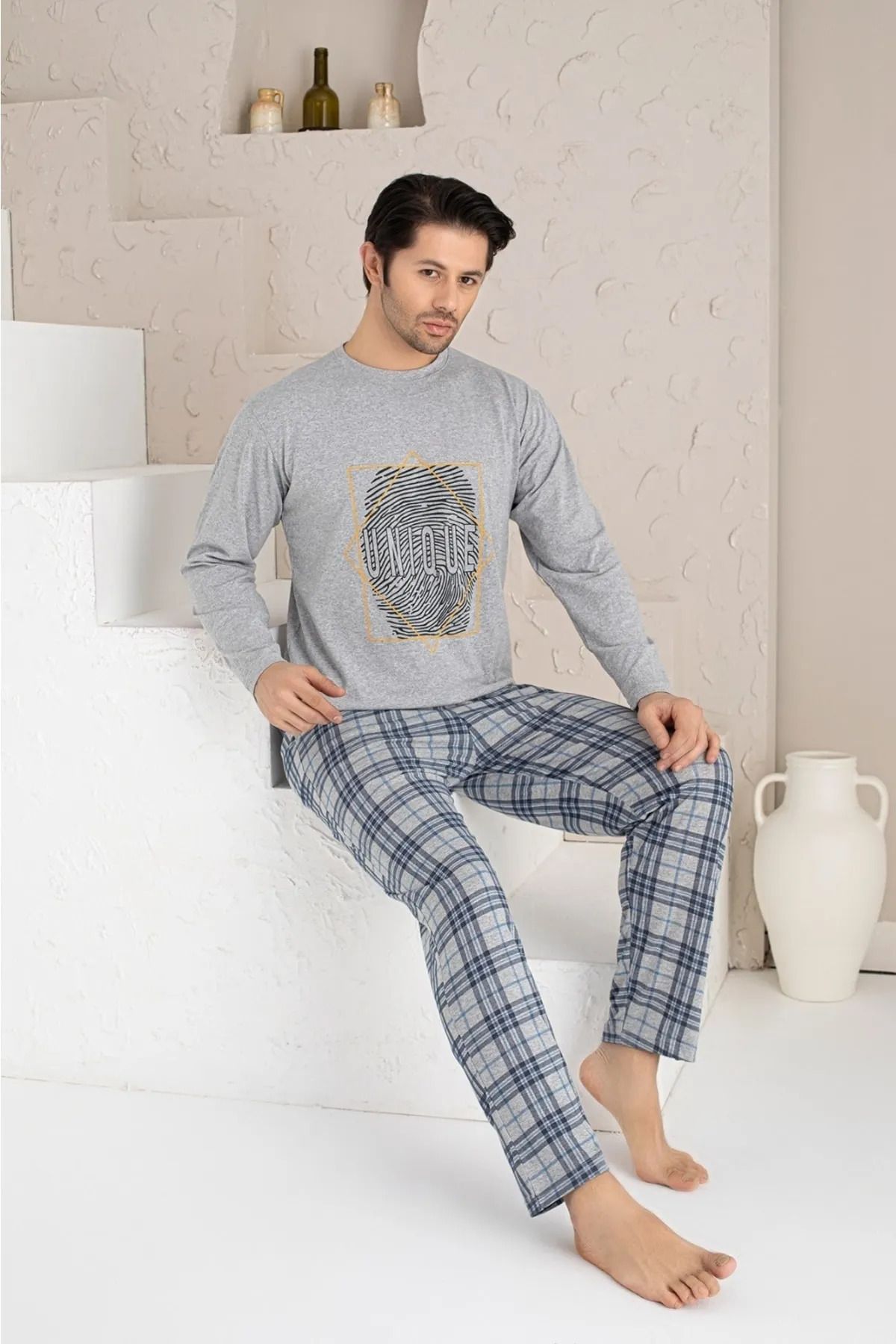 Leyal İç Giyim Erkek Ekose Desenli Uzun Kollu Sıfır Yaka Pijama Takımı