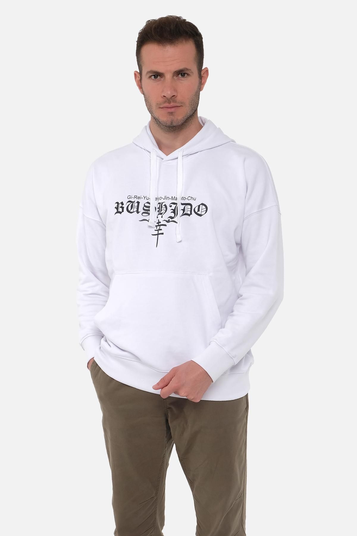 Mısırlı Erkek Oversize Kapüşonlu Bushido Baskılı Beyaz Sweatshirt M Bhd 2b