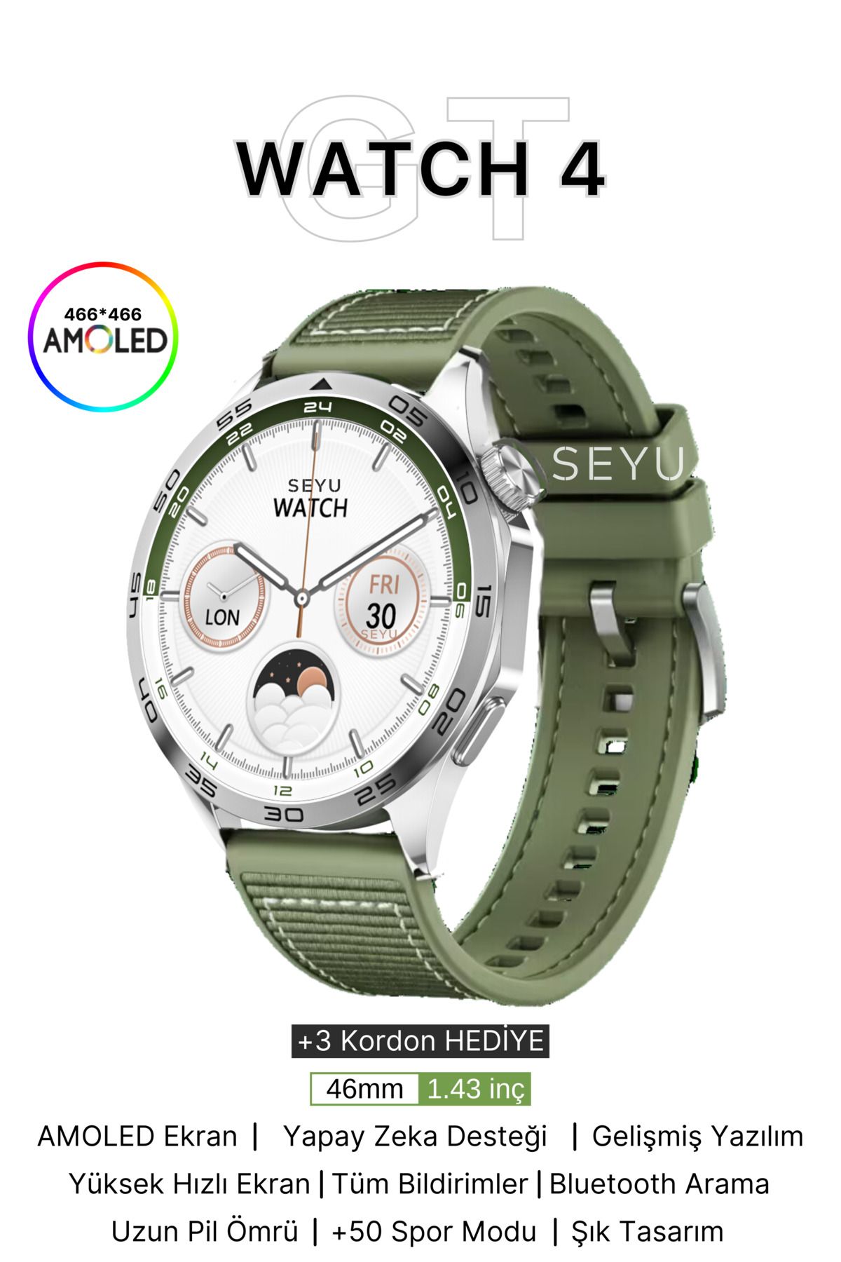 SEYUWATCH Watch 4 Gt Akıllı Saat Yeşil Iphone Ve Android Tüm Telefonlara Uyumlu Nfc&arama Amoled Smartwatch