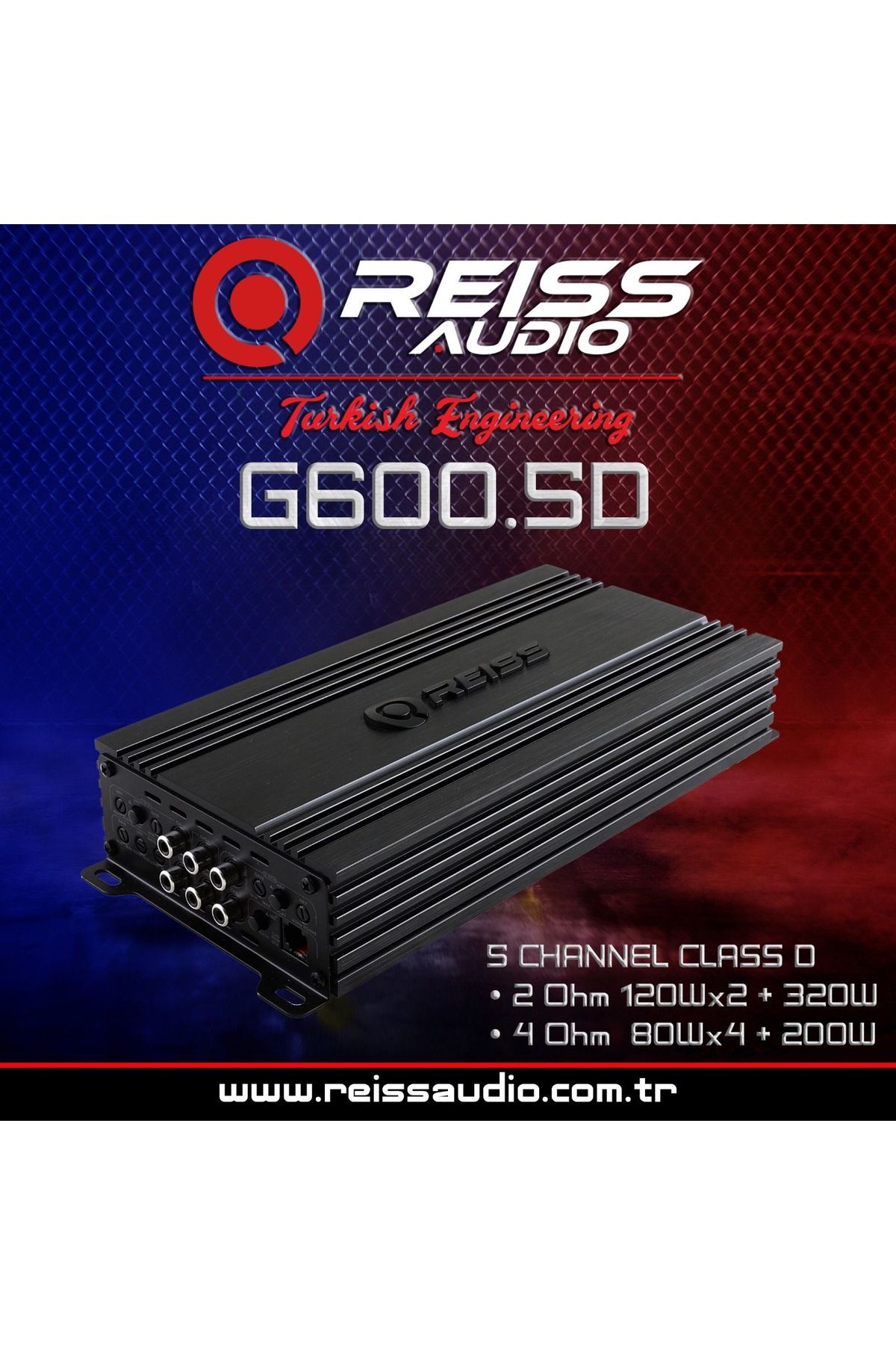 Reiss RS-G600.5D 5KANAL PROFESYONEL BAS KONTROLLÜ OTO AMFİ 4 Ohm Stereo 80Wx4+200Wx1 - 2 Ohm 120Wx4+320Wx1