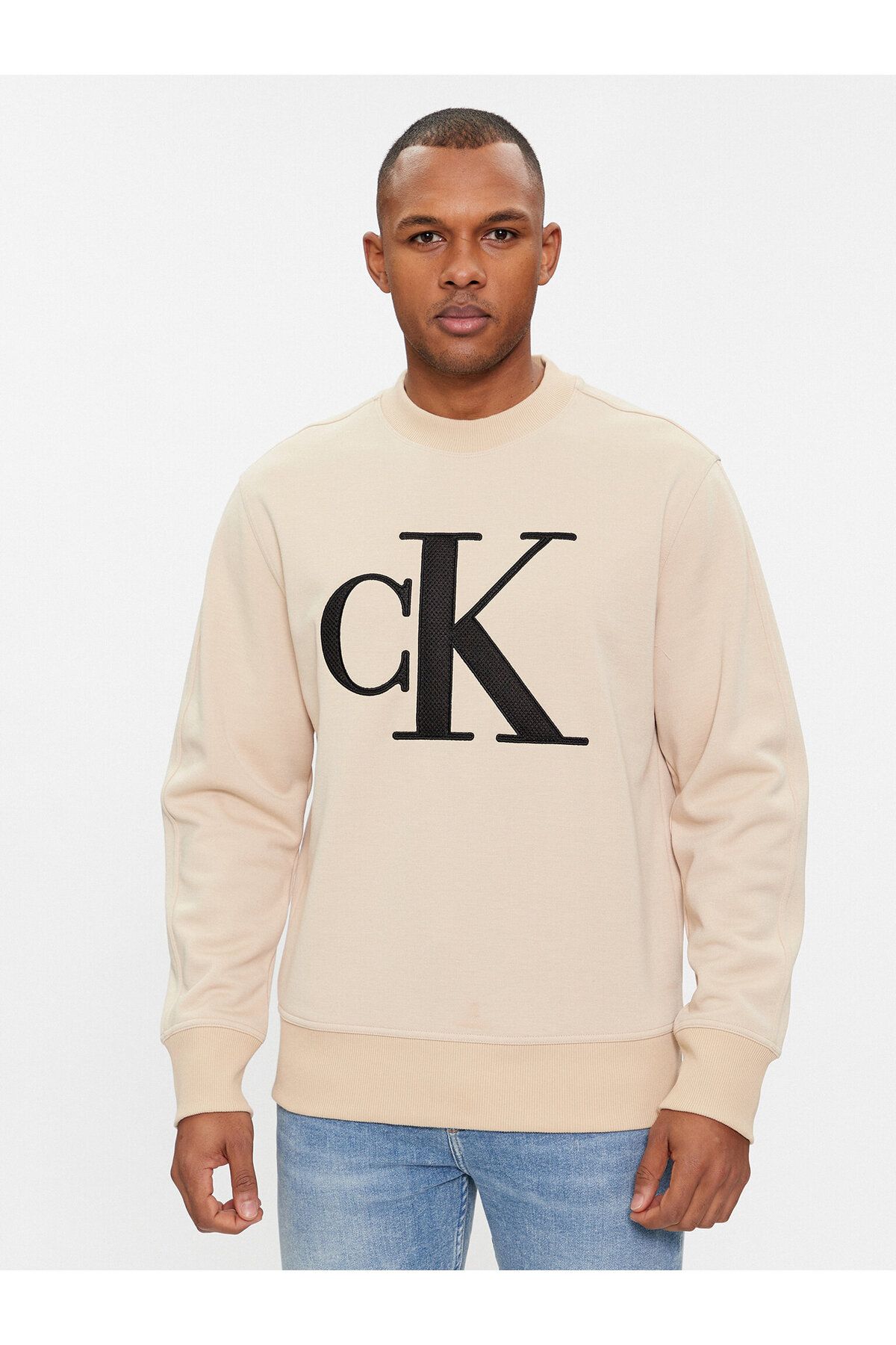 Calvin Klein Erkek Marka Logolu Pamuklu Normal Kalıp Günlük Bej Sweatshirt J30J325028-AAT