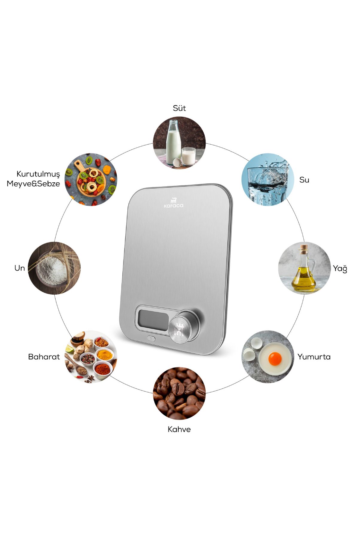 Karaca Gastro Scale 1004 Self Power Kinetik Enerjili Ekranlı Inox Mutfak Tartısı 5 kg Kapasite