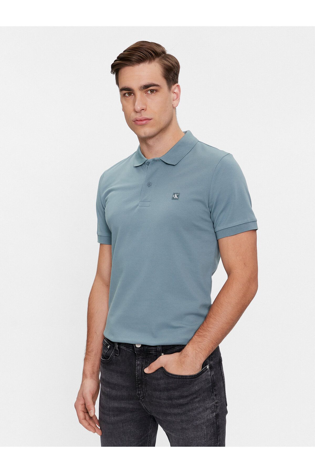 Calvin Klein Erkek Pamuklu Logolu Dokuma Kumaş Mavi Polo Yaka T-Shirt J30J325269-CFQ