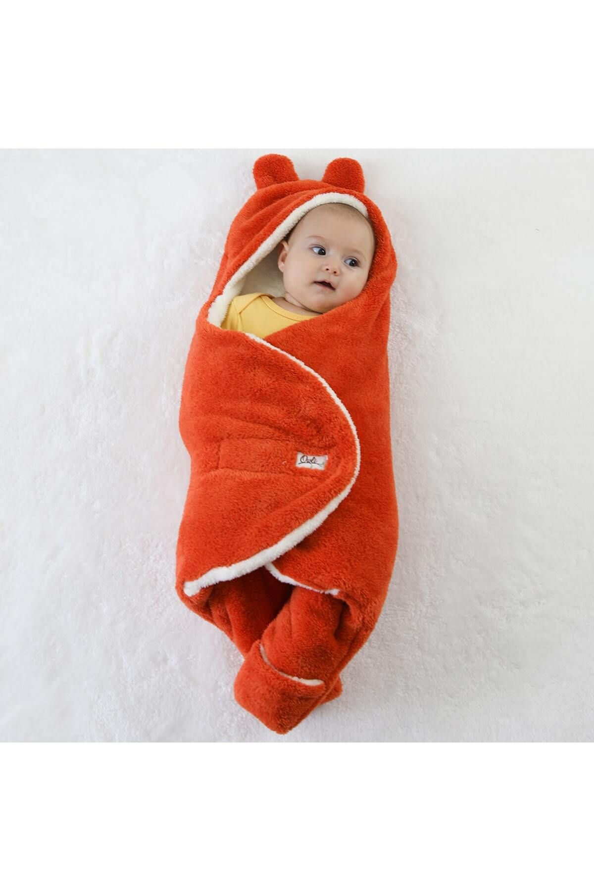 Owli Bebek Kışlık Dış Kundak Battaniye 0-6 Ay-turuncu