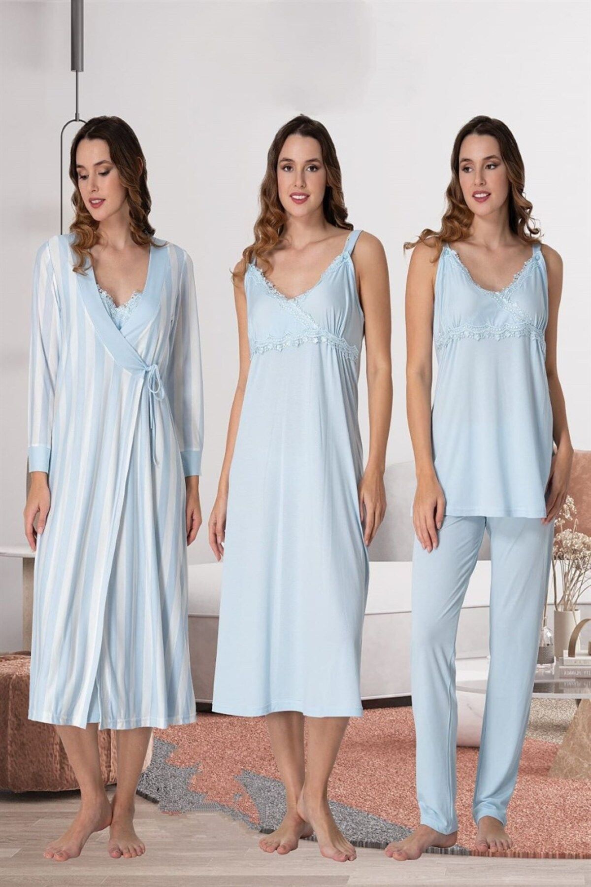 Lohussa Kadın Mavi Dantelli Askılı Pamuklu Lohusa Hamile Sabahlık Pijama Takımı Gecelik Set