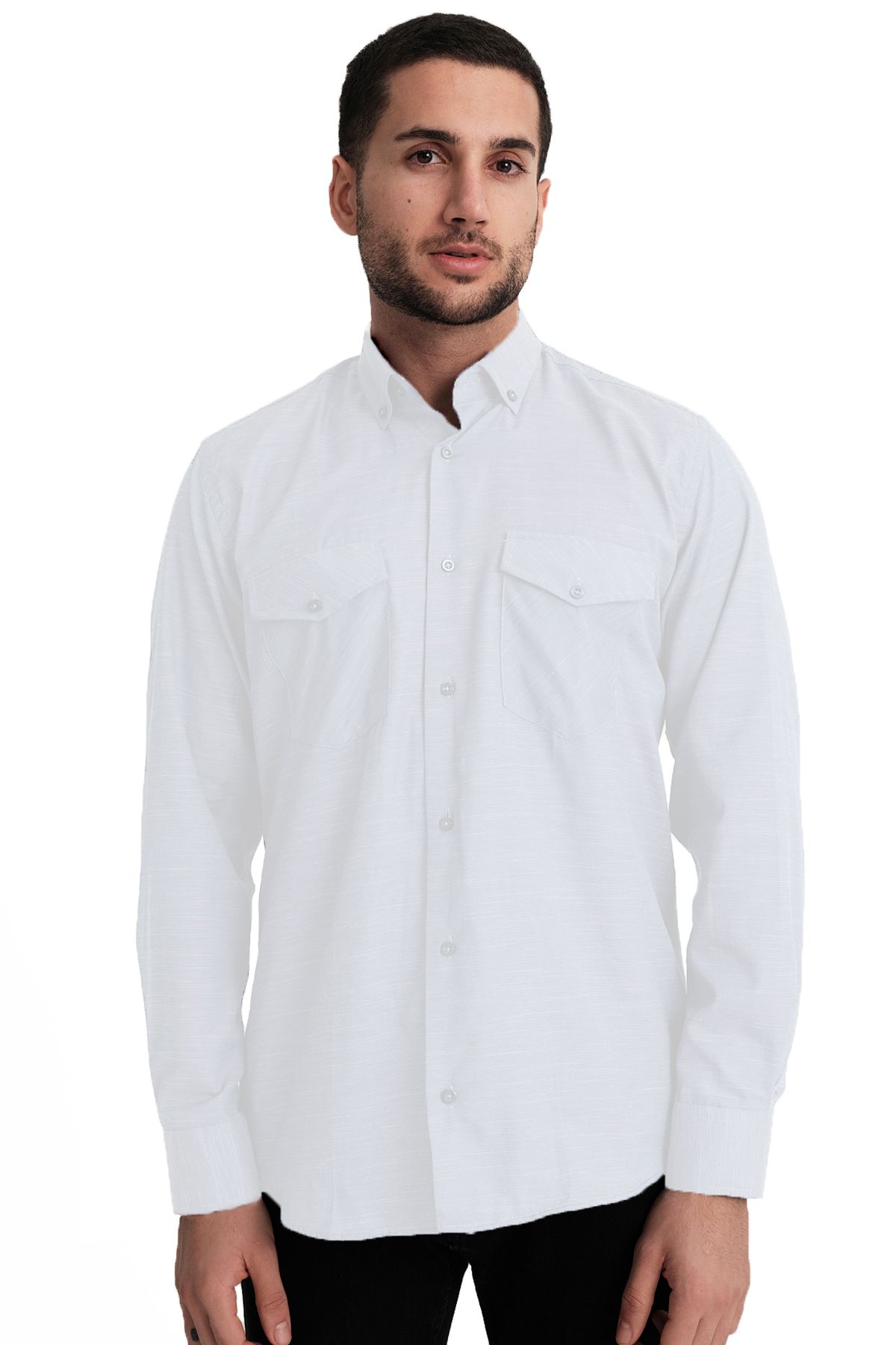 Varetta Erkek Beyaz Kapaklı Çift Cepli Düz Melanjlı Pamuklu Gömlek