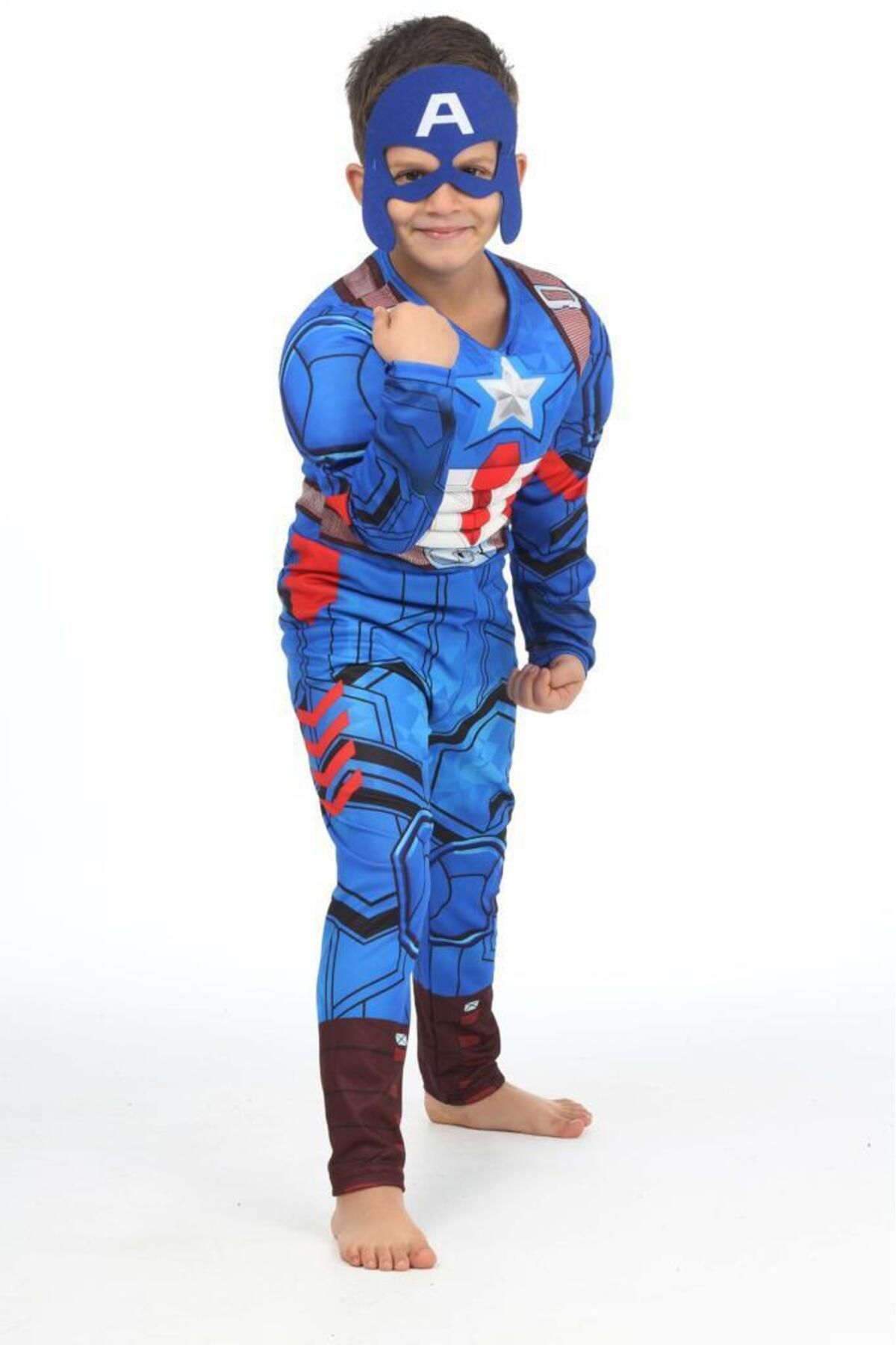 Mashotrend Kaslı Kaptan Amerika Kostümü + Göz Maske - Captain America Kostüm - Dolgulu Captan Amerika Cosplay