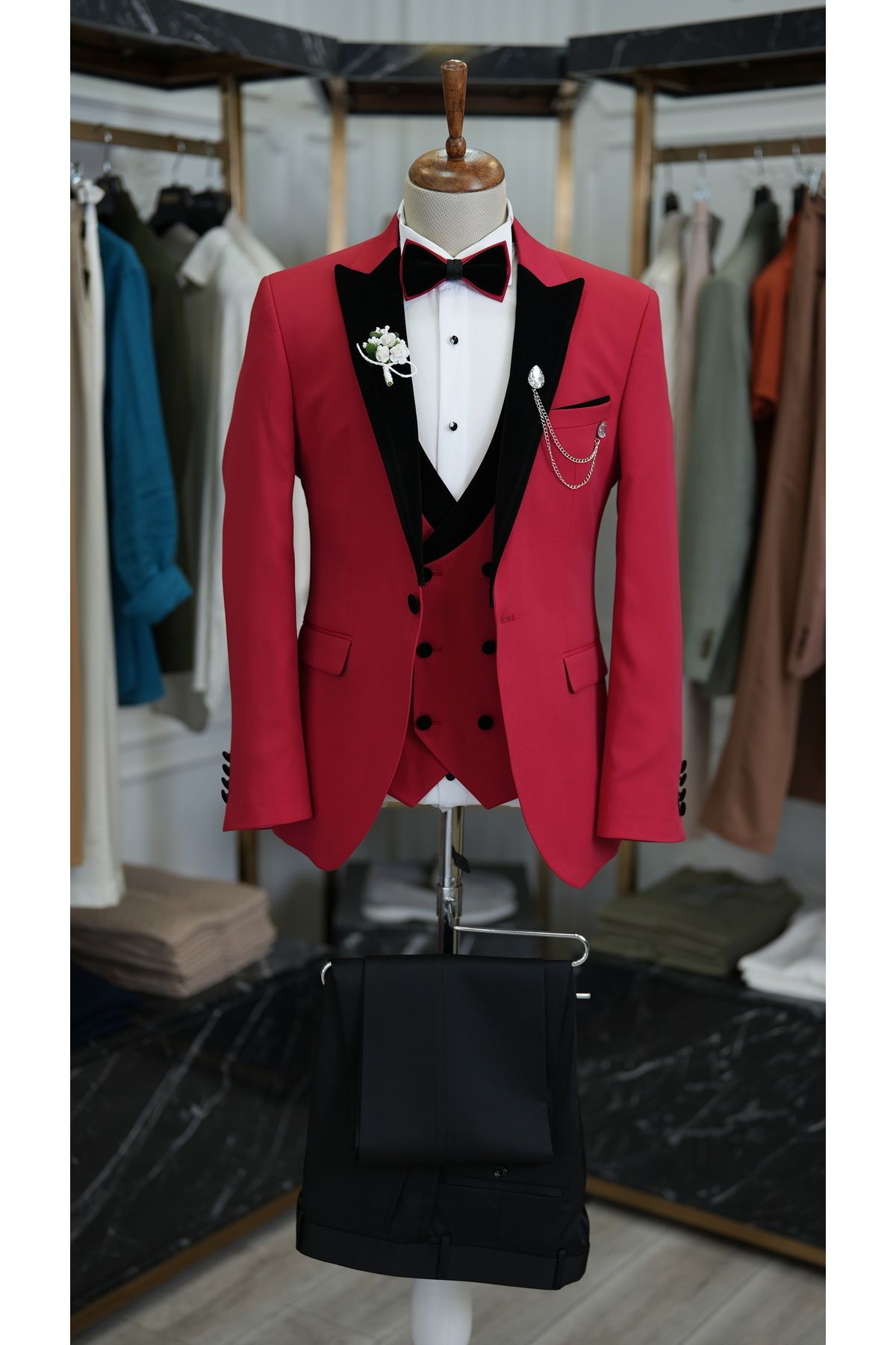 LONATOLİA Erkek Smokin Damatlık Kırlangıç Yaka İtalyan Kesim Slim Fit Ceket Yelek Pantolon Papyon-Kırmızı