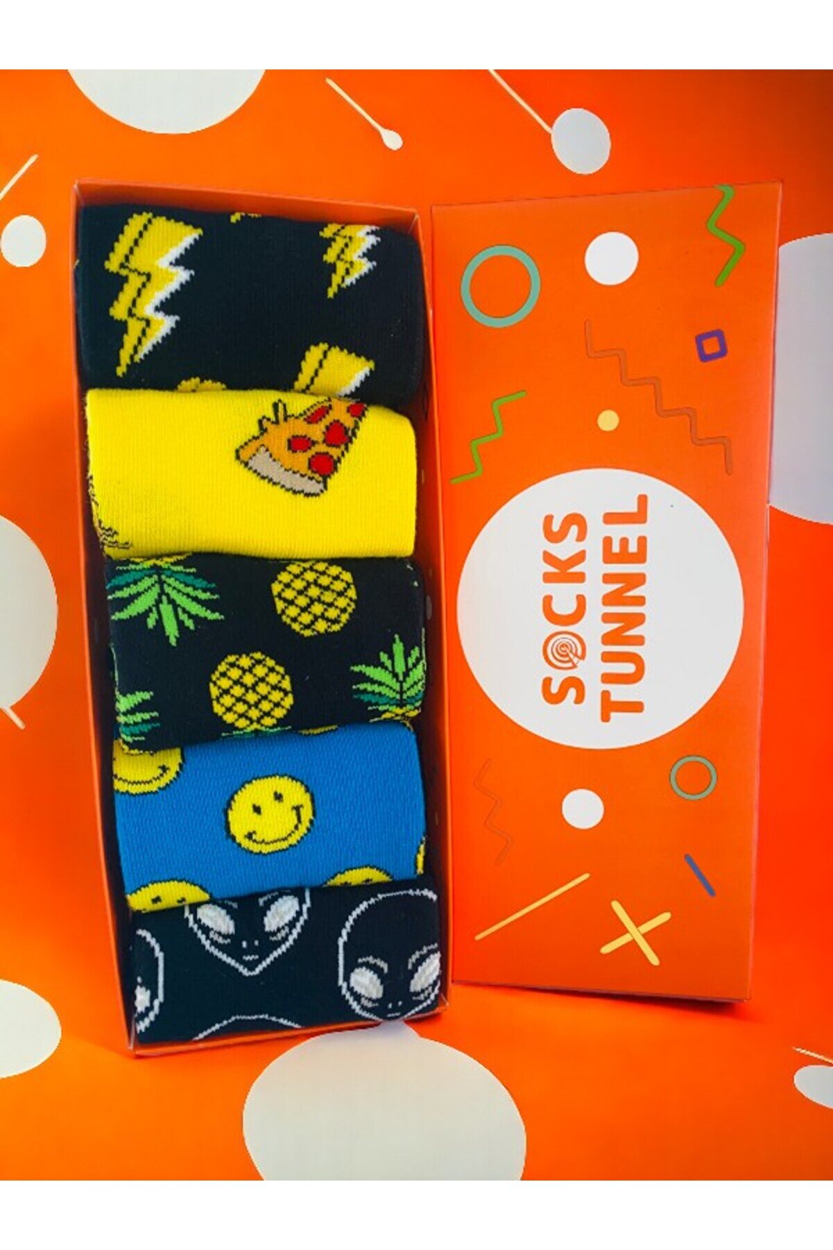 Socks Tunnel Unisex 5'li Ananas Pizza Karma Desenli Renkli Çorap Set