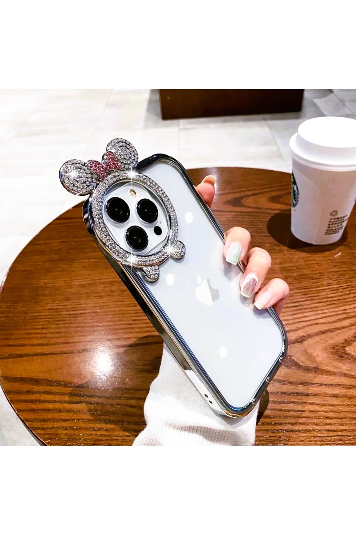 Beyza iPhone 14 Pro Max Uyumlu Minnie Mouse Kulaklı Kılıf Taşlı Parlak Miki