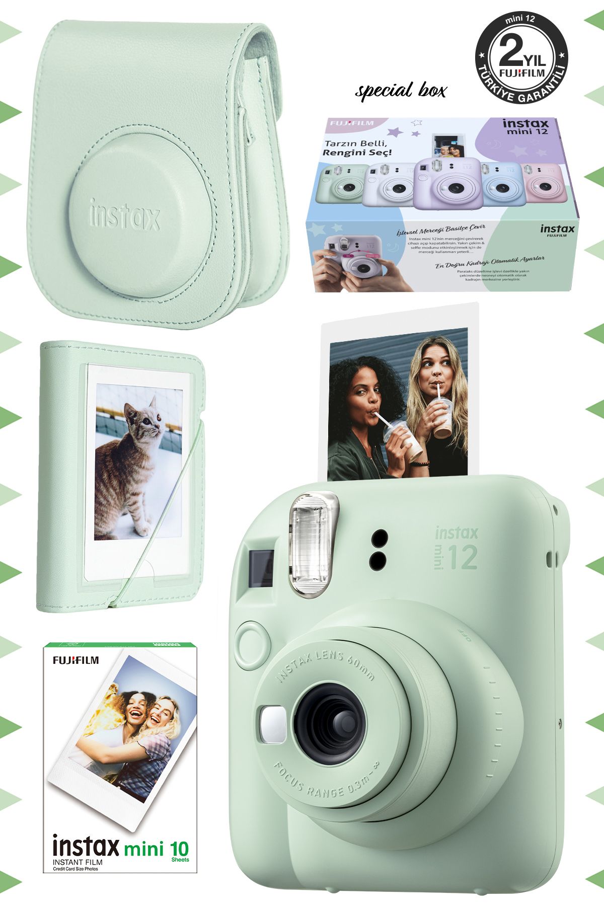 Fujifilm Instax mini 12 Yeşil Fotoğraf Makinesi-10'lu Film-Mini Albüm ve Deri Kılıf Seti