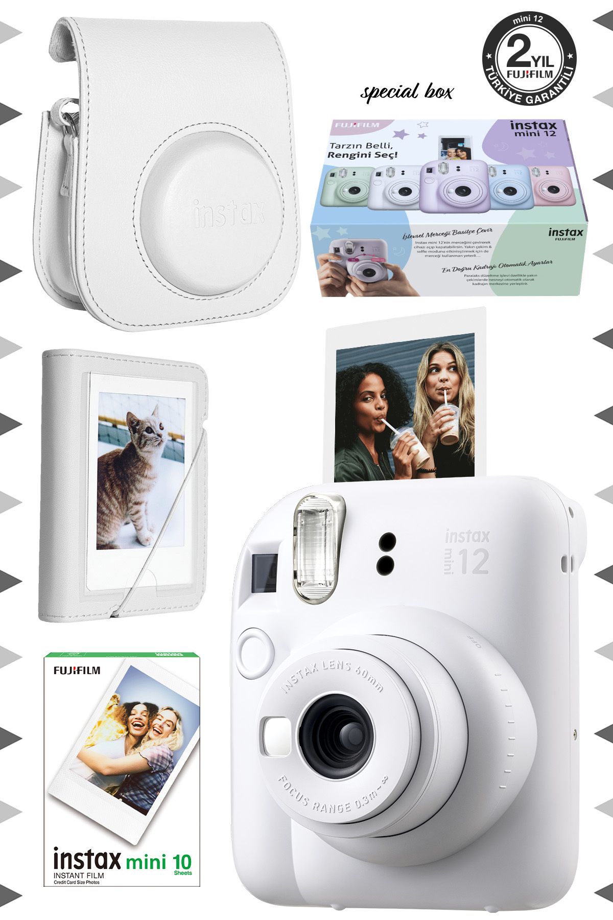 Fujifilm Instax mini 12 Beyaz Fotoğraf Makinesi-10'lu Film-Mini Albüm ve Deri Kılıf Seti