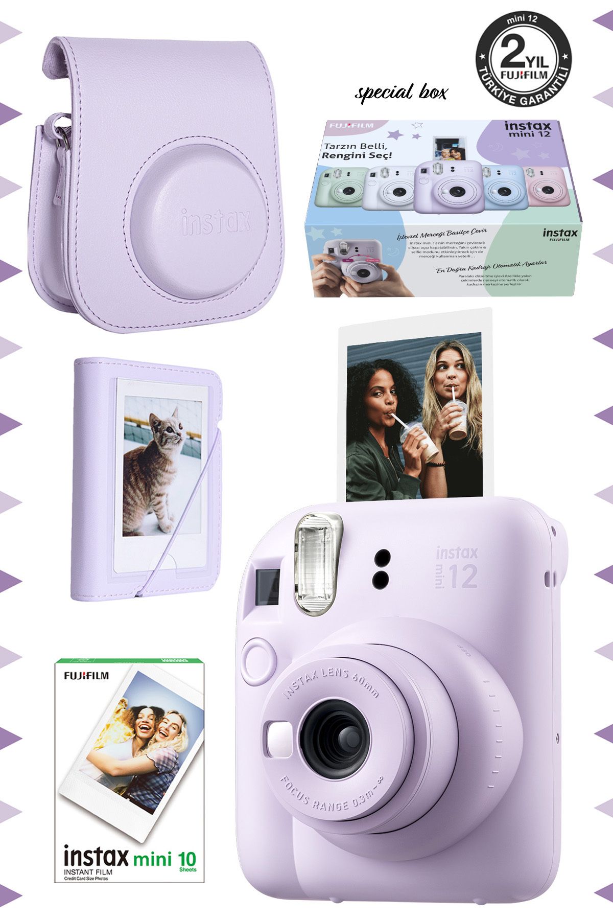 Fujifilm Instax mini 12 Lila Fotoğraf Makinesi-10'lu Film-Mini Albüm ve Deri Kılıf Seti