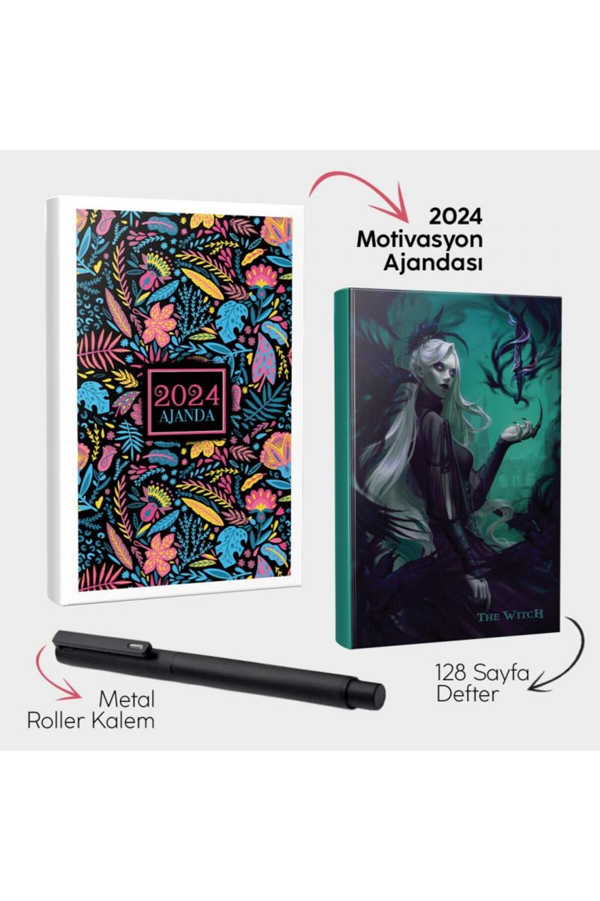 Halk Kitabevi Neon Düşler 2024 Motivasyon Ajandası - The Witch Defter ve Metal Roller Kalem