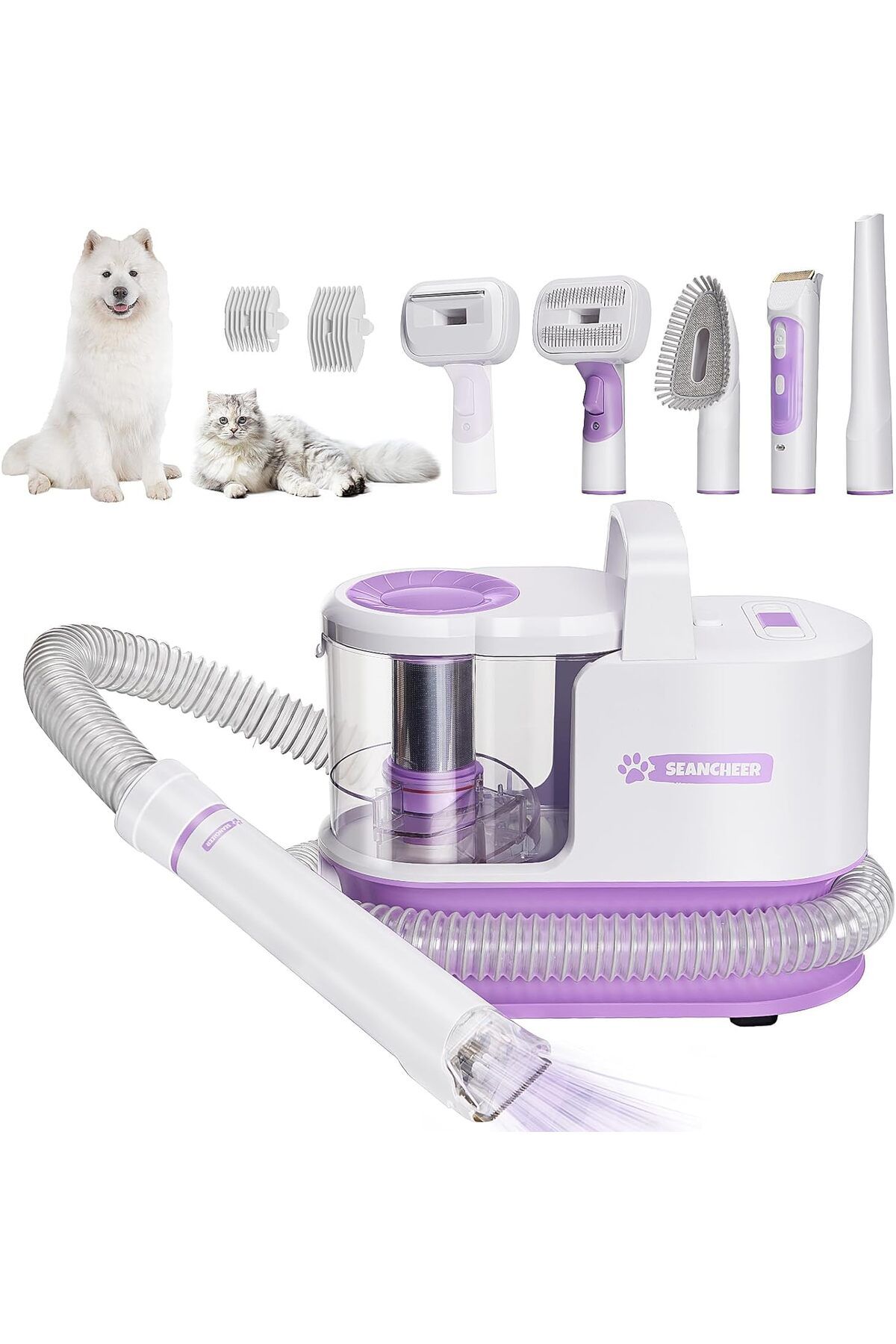 SEANCHEER Elektrikli süpürge ile köpek tıraş makinesi, 5 bakım aletiyle düzeltici, emici ve az gürültülü, lila