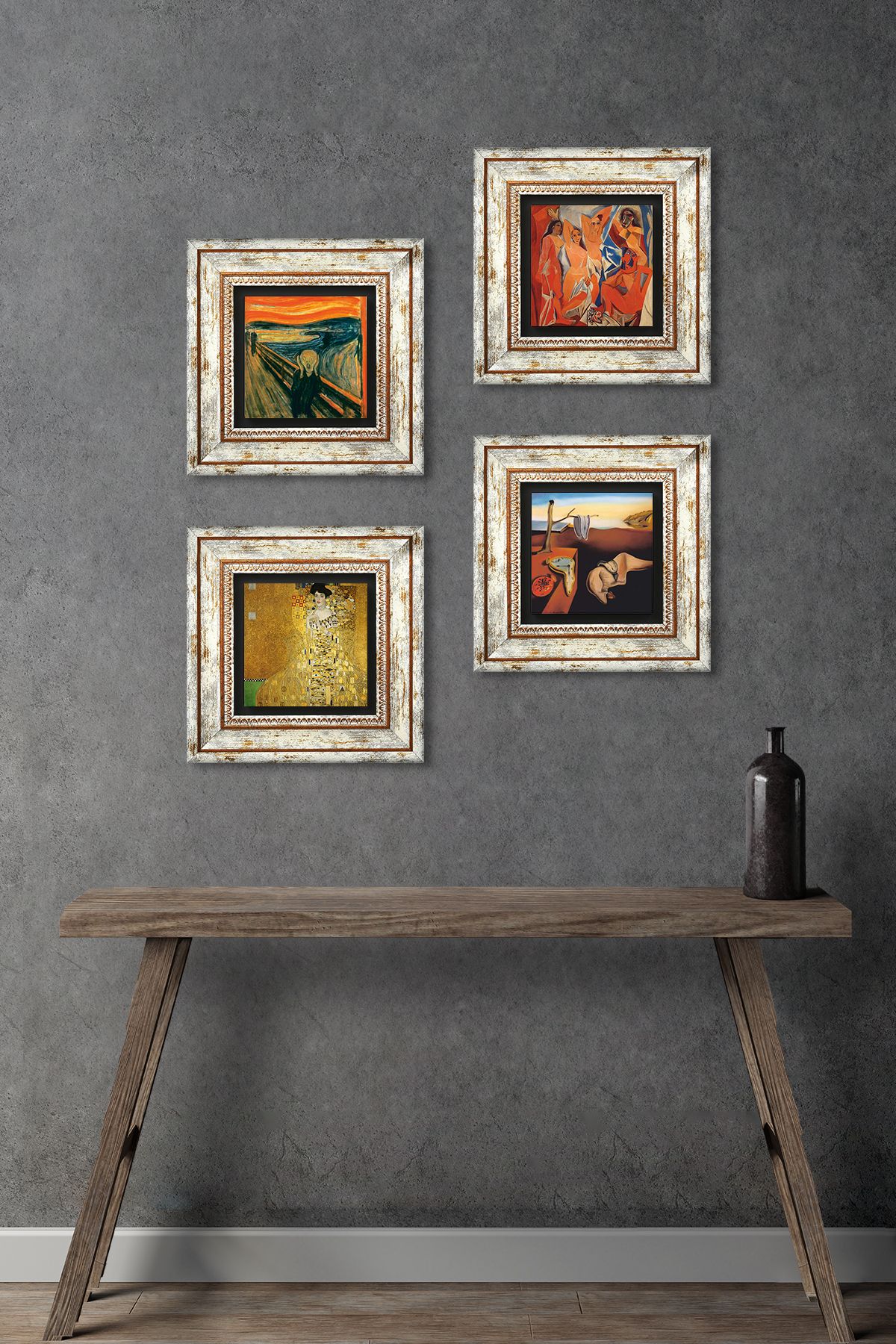 Pinecone Salvador Dalí, Picasso, Gustav Klimt, Çığlık Taş Duvar Tablosu Çerçeveli Duvar Dekoru 4lü Tablo Seti